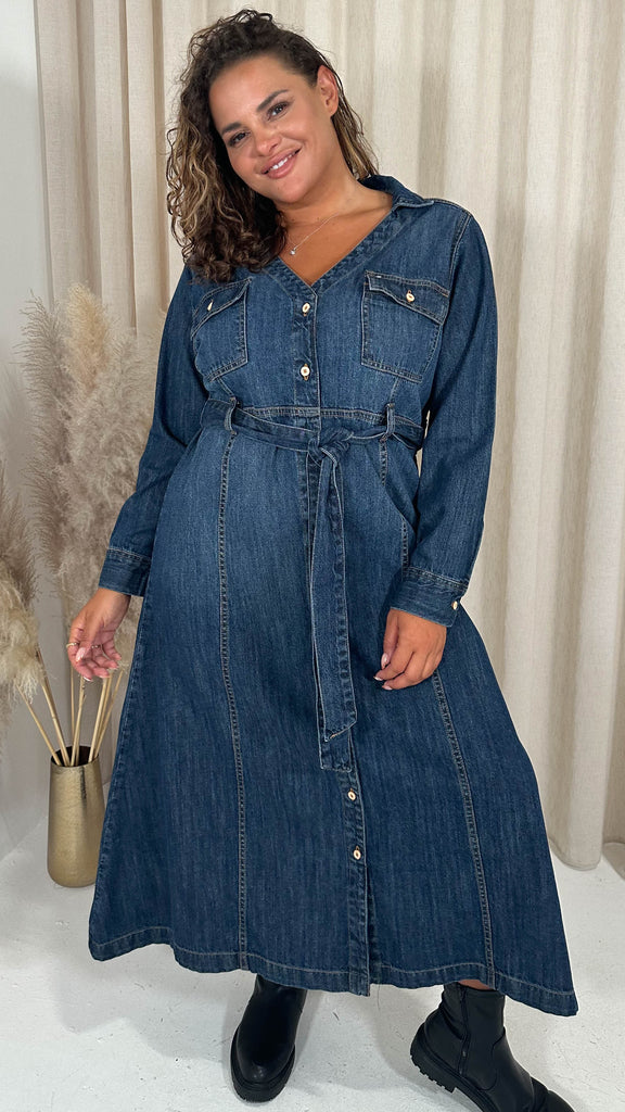 CurveWow Denim Belted Midaxi Shirt Dress Indigo Blue – Curvewow