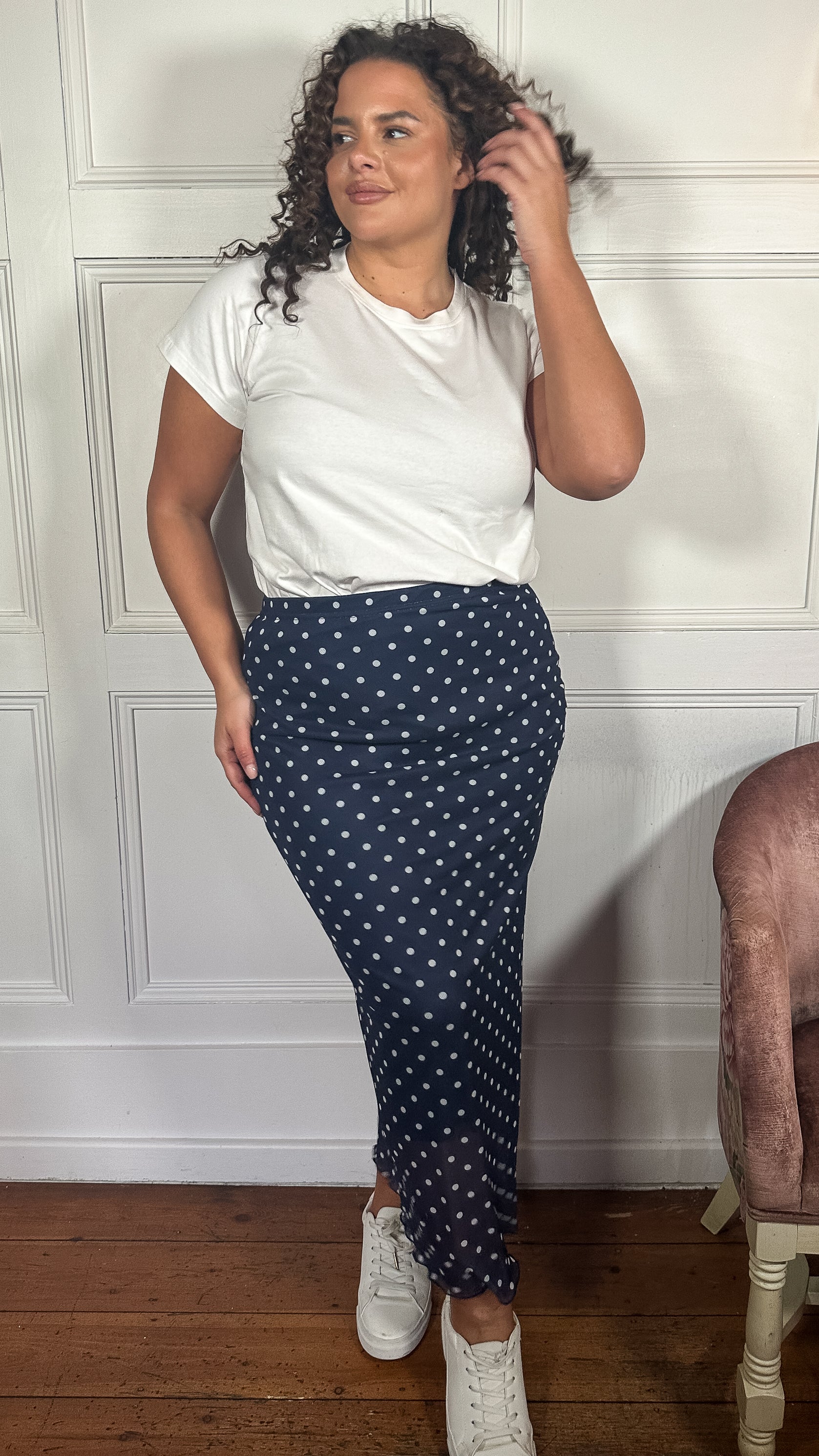 CurveWow Mesh Pencil Skirt Navy Polka