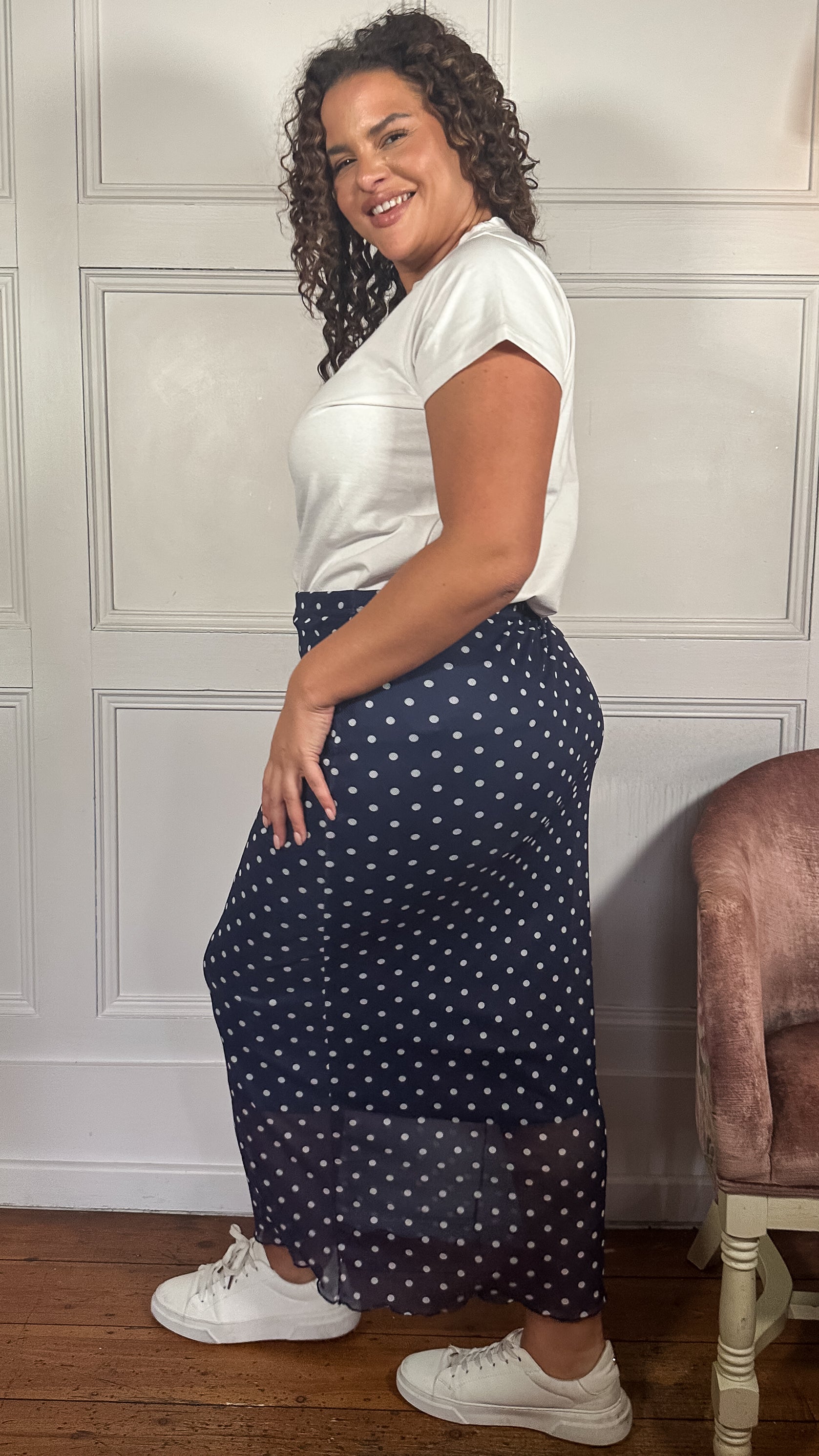 CurveWow Mesh Pencil Skirt Navy Polka