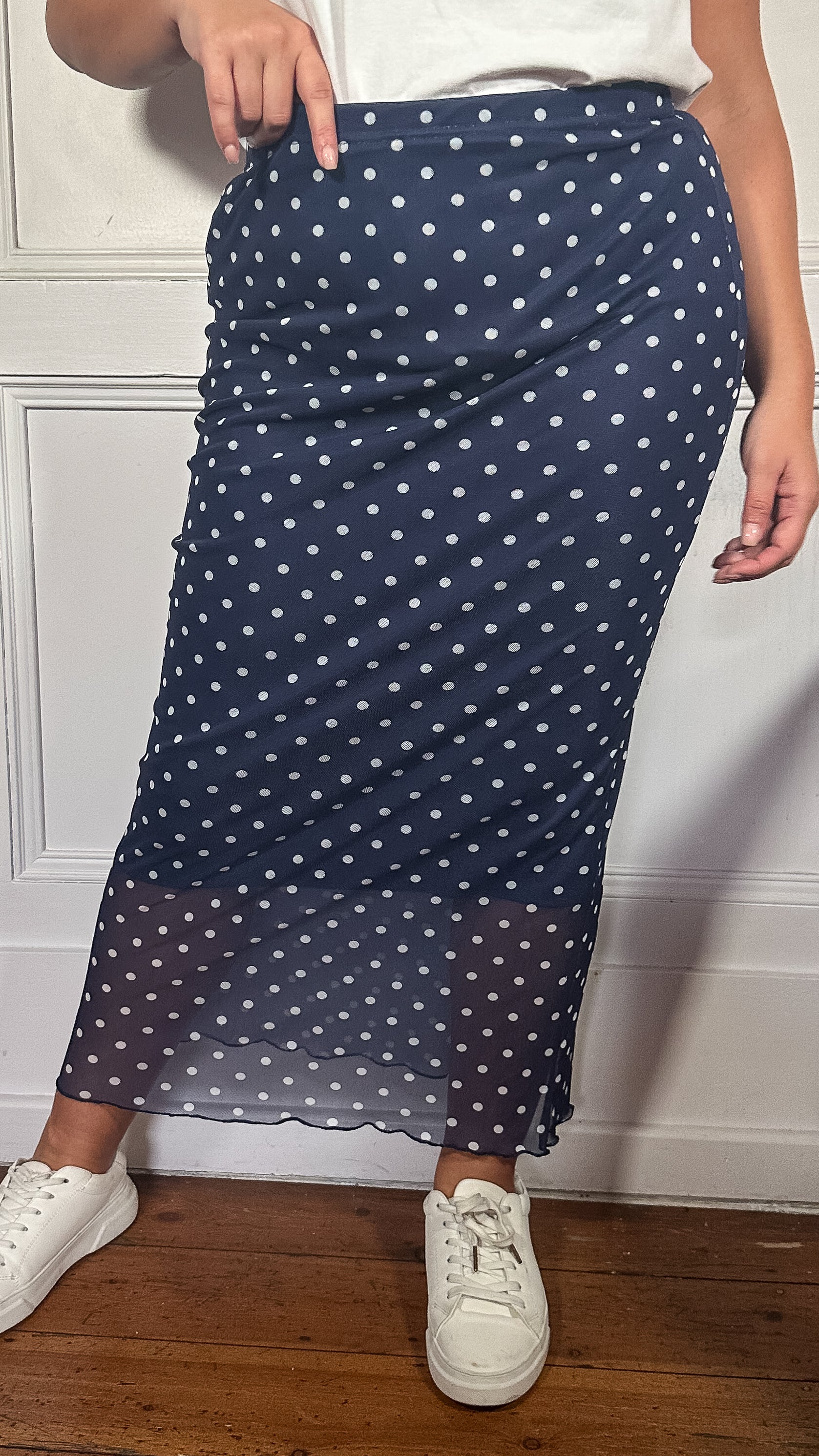 CurveWow Mesh Pencil Skirt Navy Polka