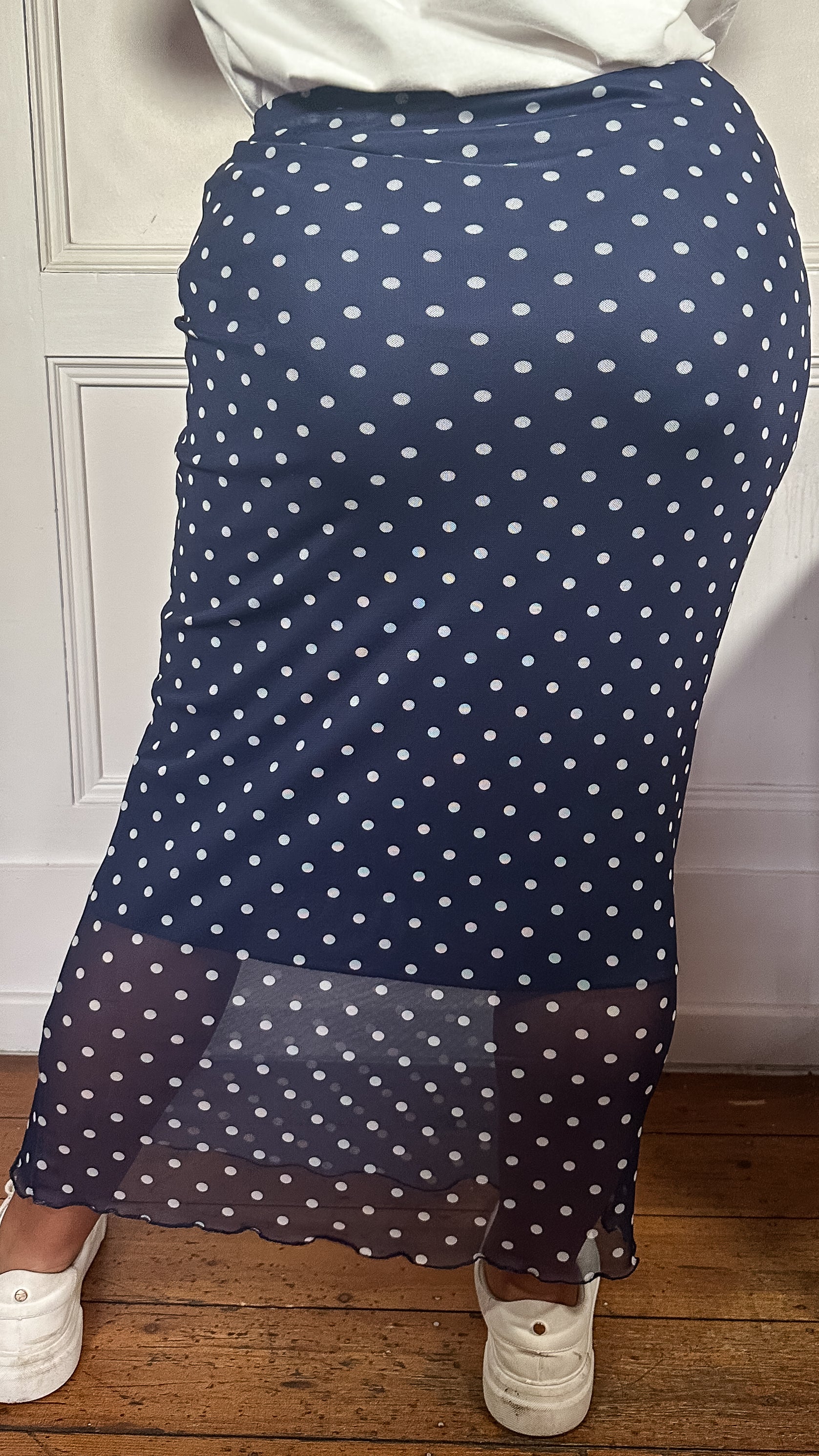CurveWow Mesh Pencil Skirt Navy Polka