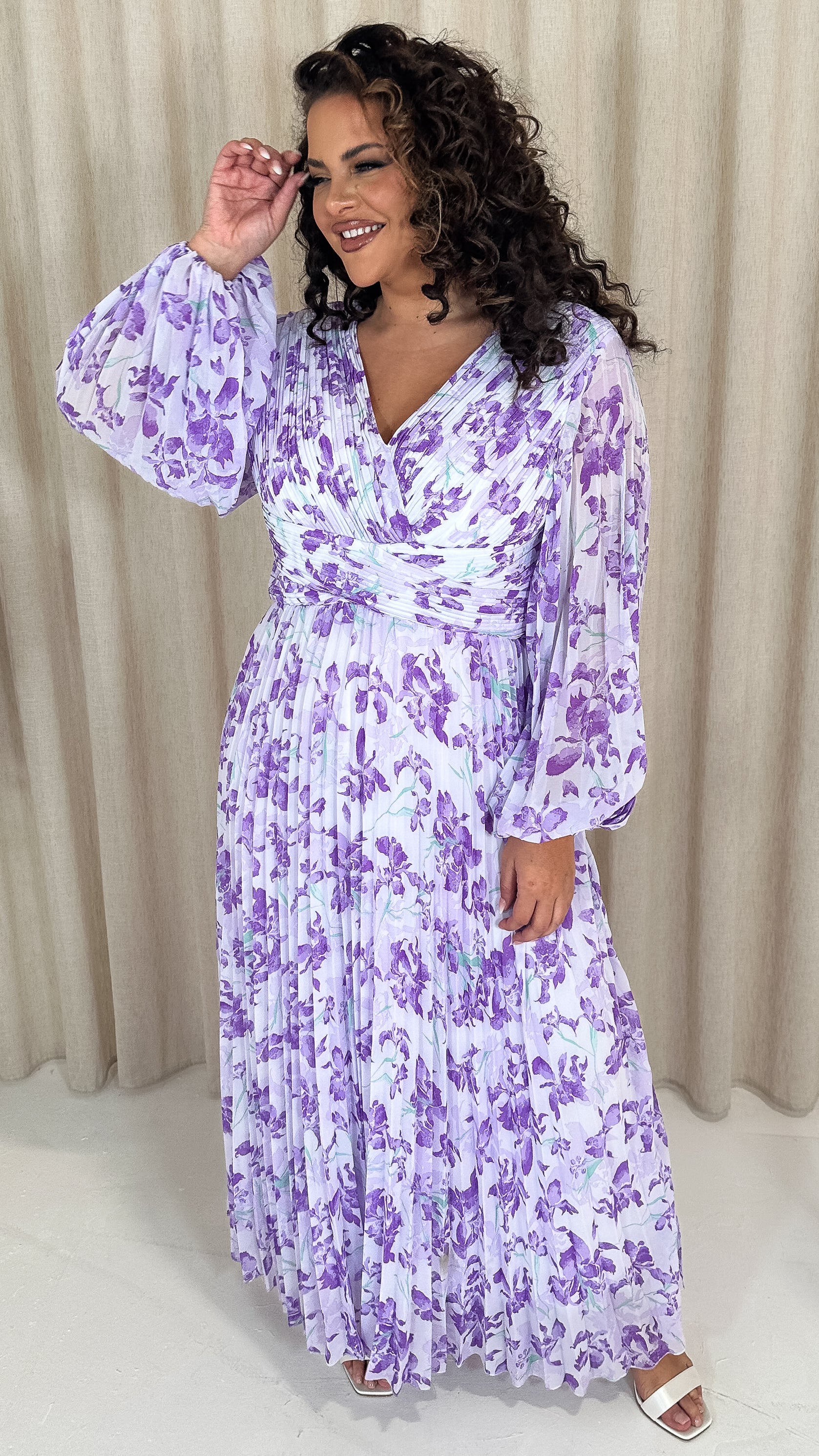 CurveWow Pleated Wrap Maxi Dress Lilac Floral