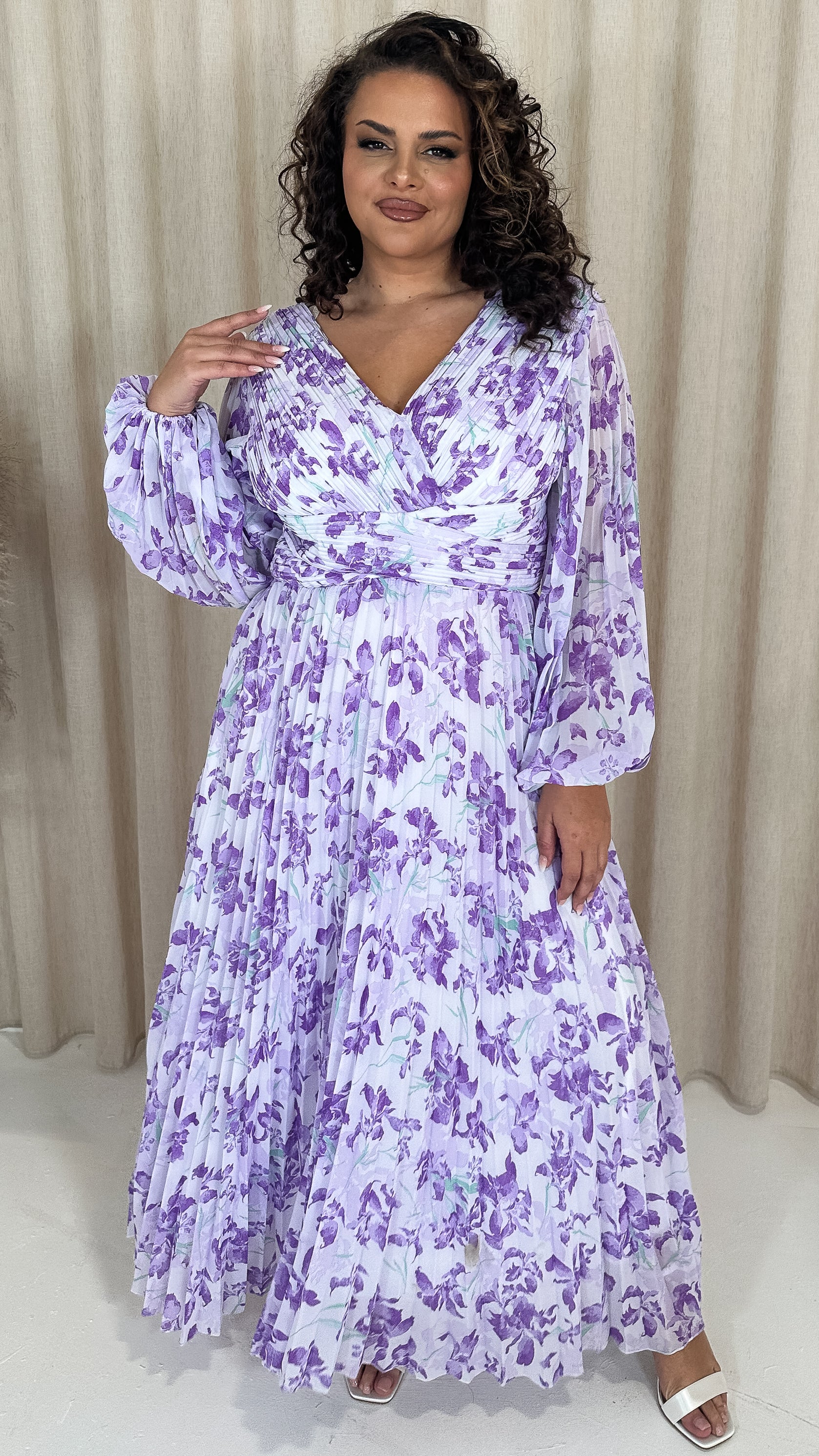 CurveWow Pleated Wrap Maxi Dress Lilac Floral - Main Image