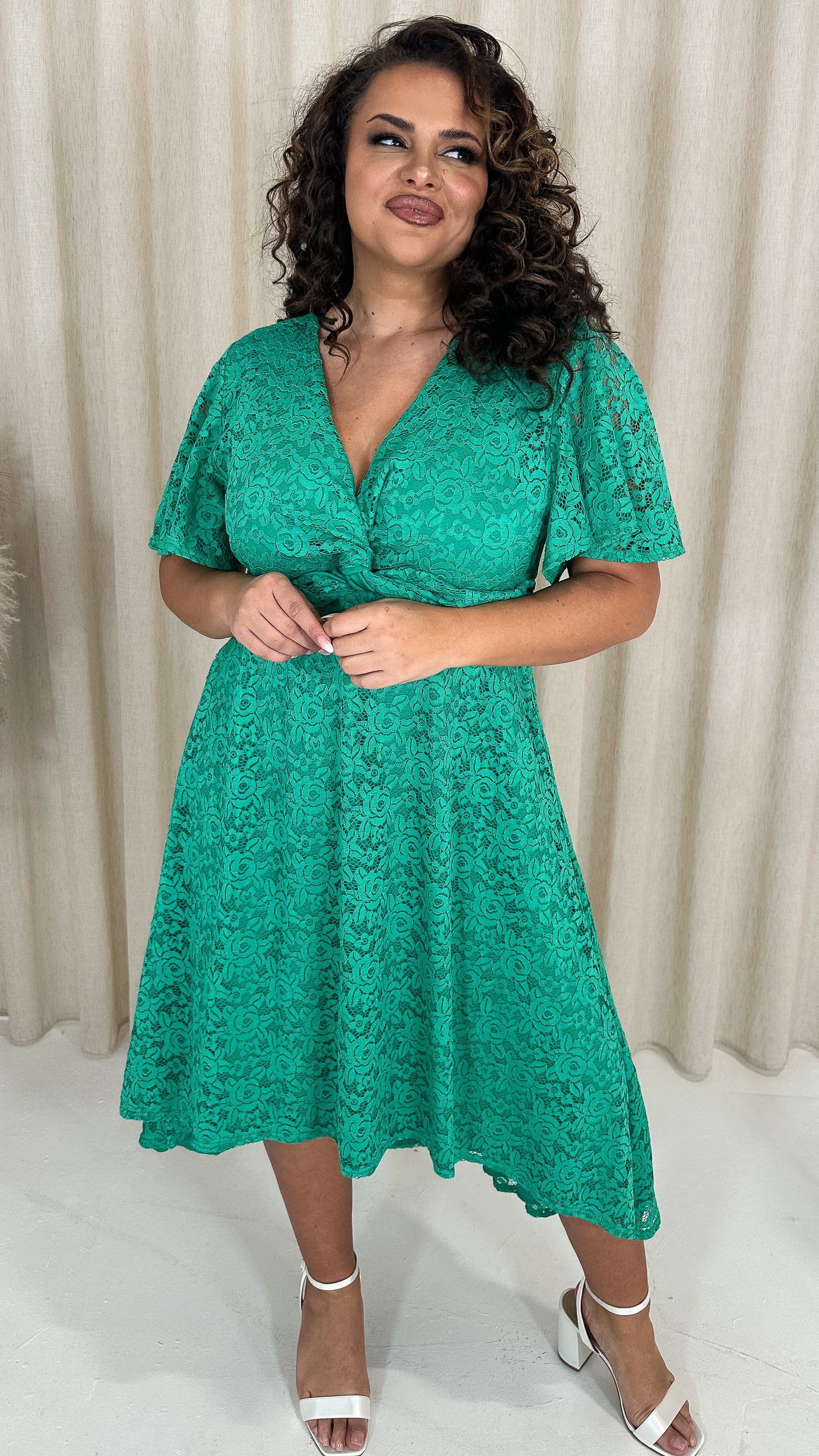 CurveWow Lace Dipped Hem Knot Front Dress Green