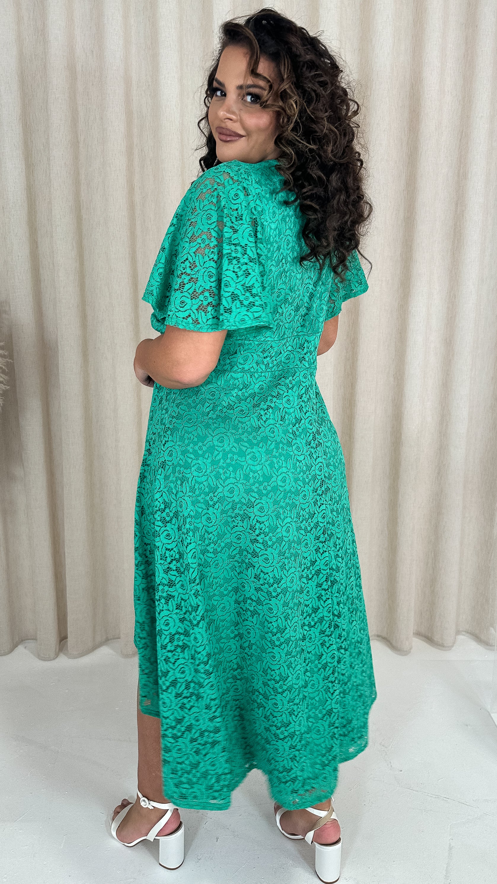CurveWow Lace Dipped Hem Knot Front Dress Green
