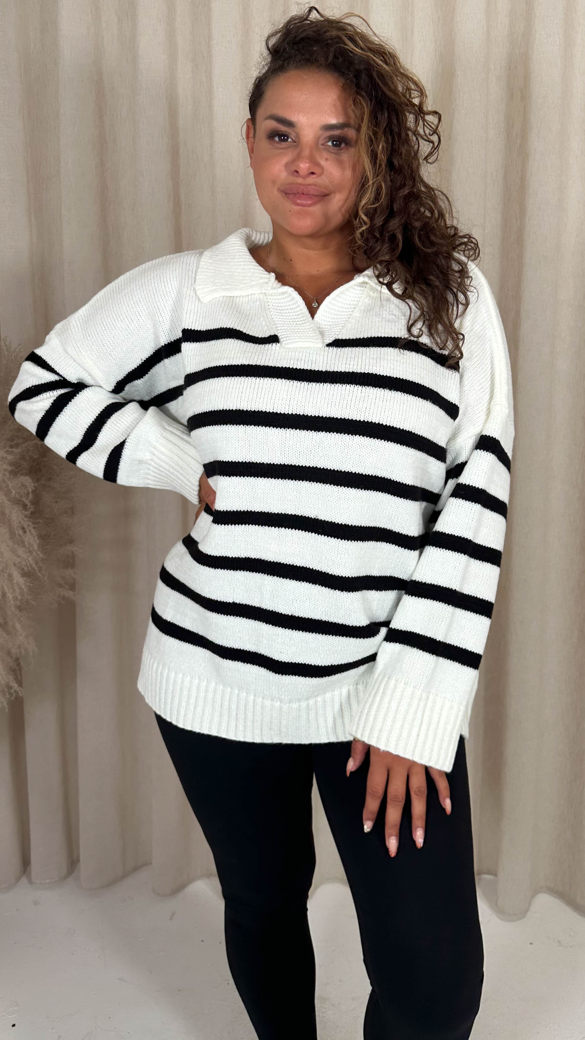 CurveWow Collar Stripe Knitted Jumper Cream