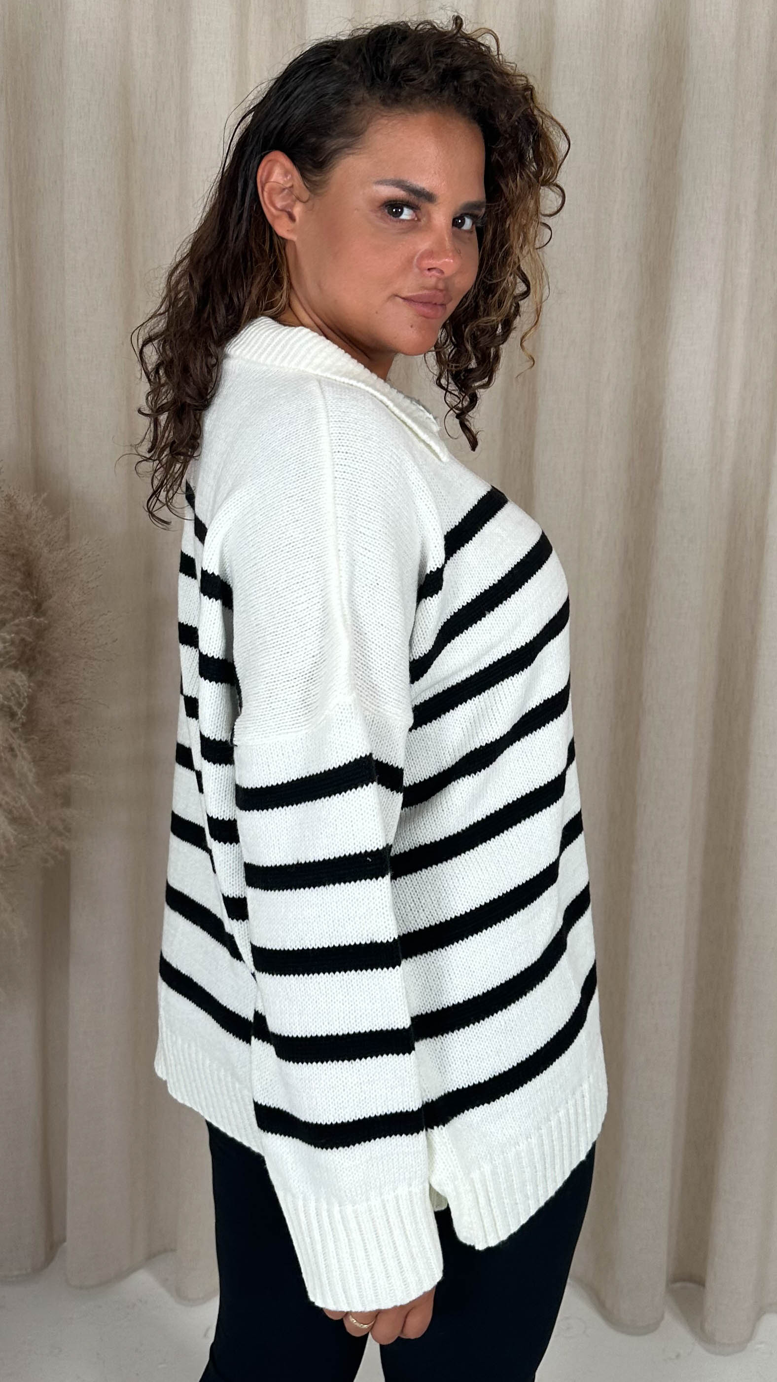 CurveWow Collar Stripe Knitted Jumper Cream