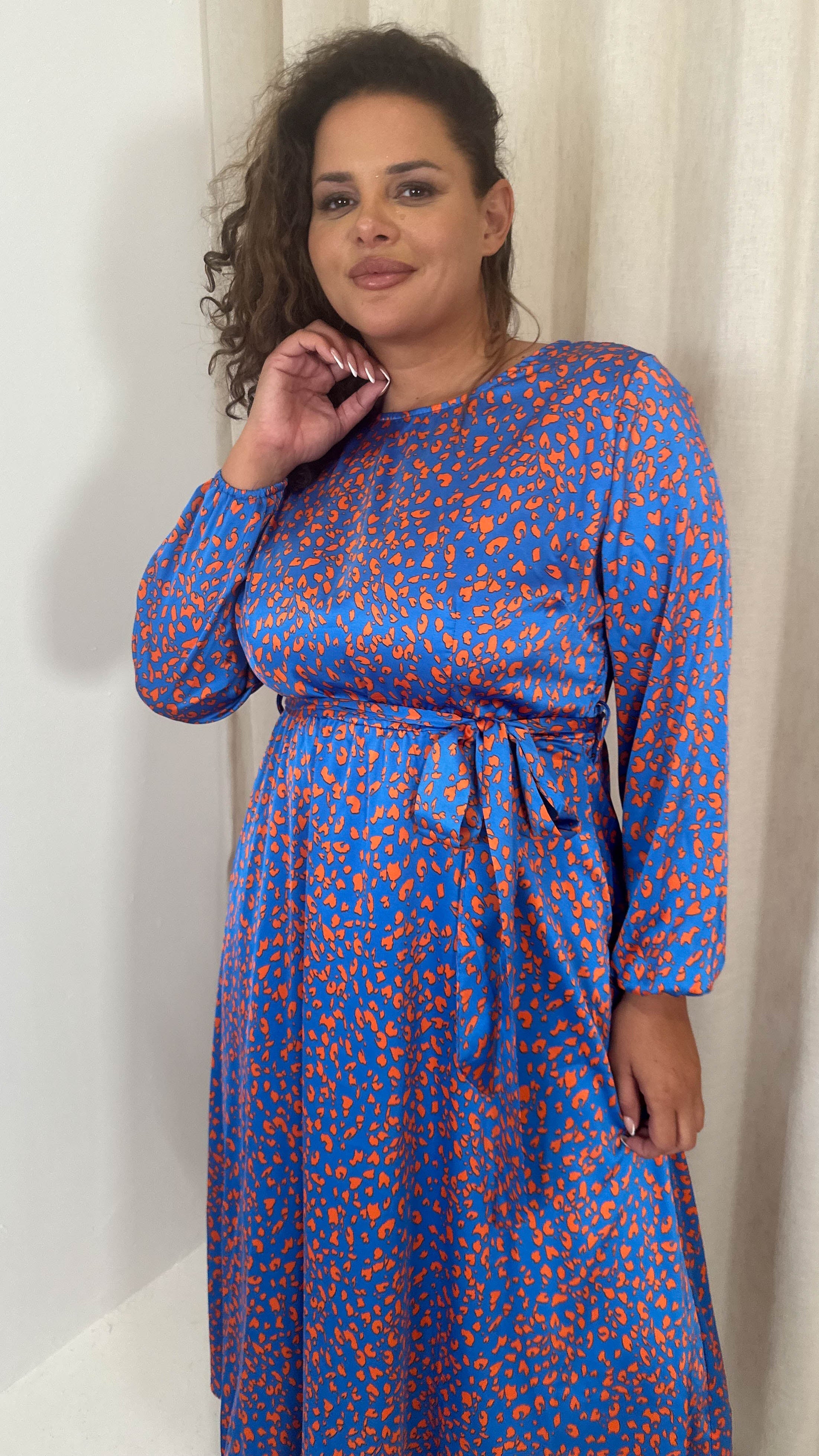 CurveWow Tie Waist Crew Neck Midi Dress Blue Animal