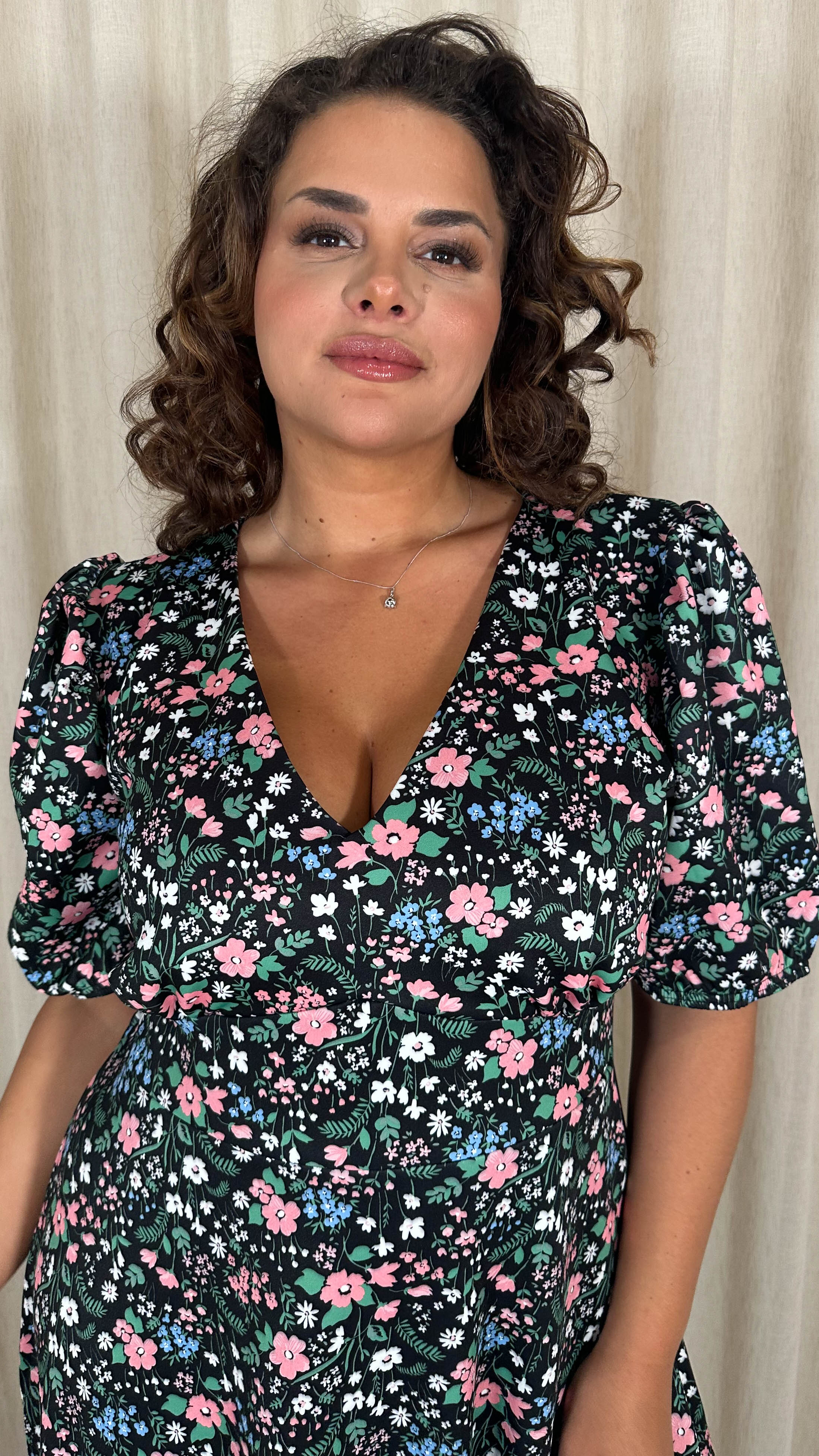 CurveWow Balloon Sleeve Midi Dress Black Floral