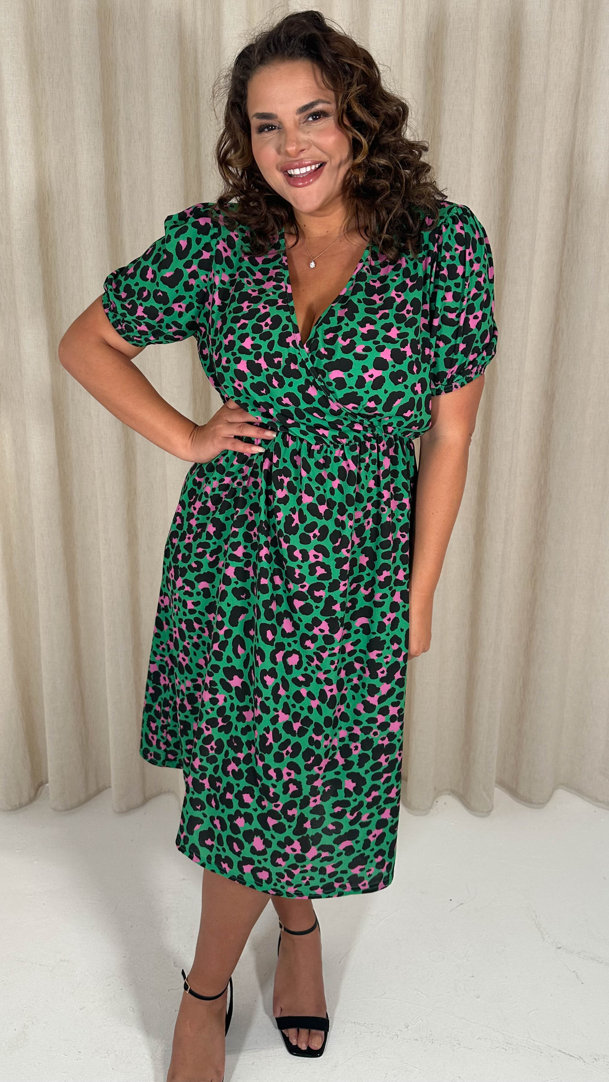 CurveWow Puff Sleeve Wrap Midi Dress Green Animal