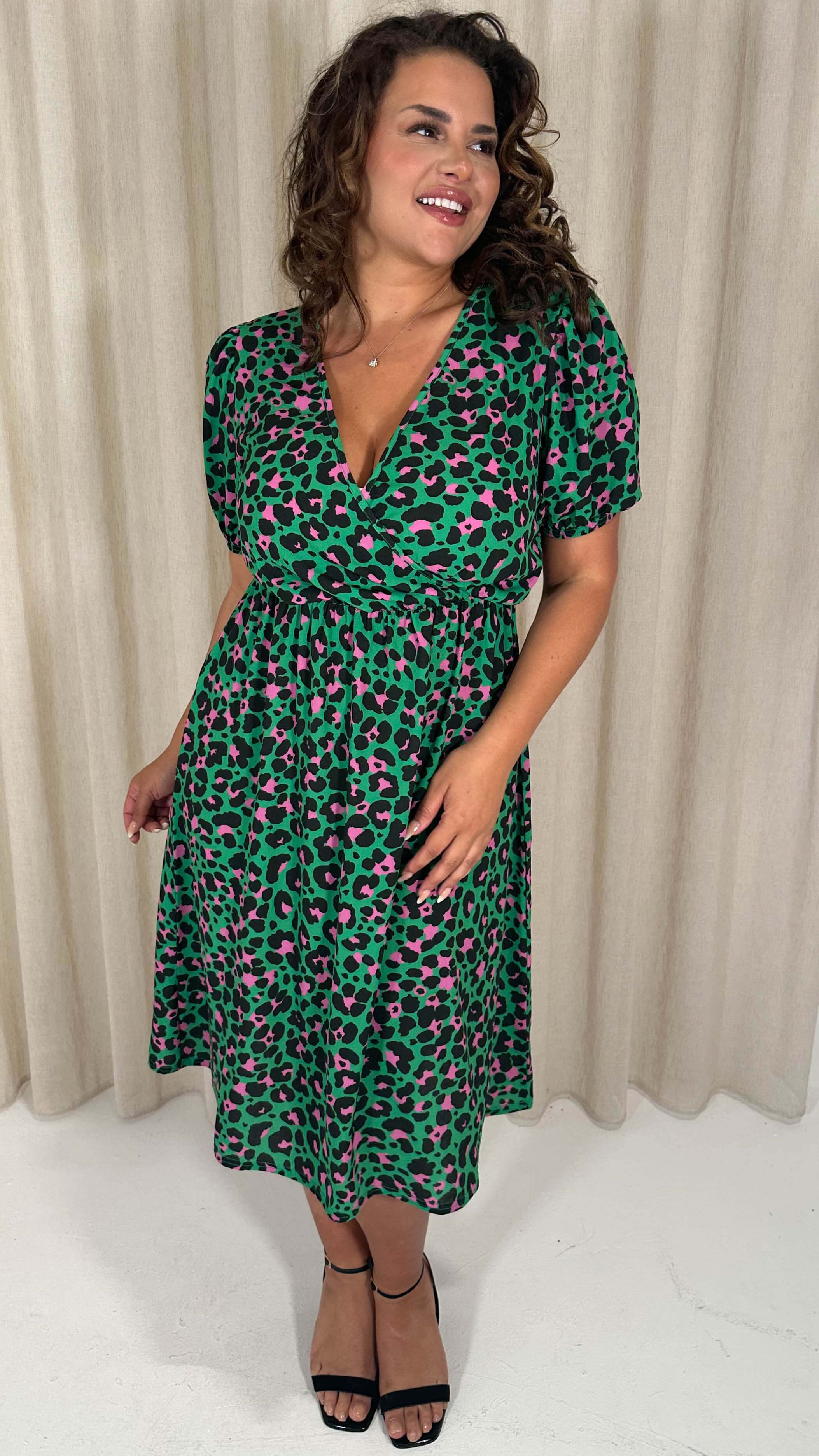 CurveWow Puff Sleeve Wrap Midi Dress Green Animal