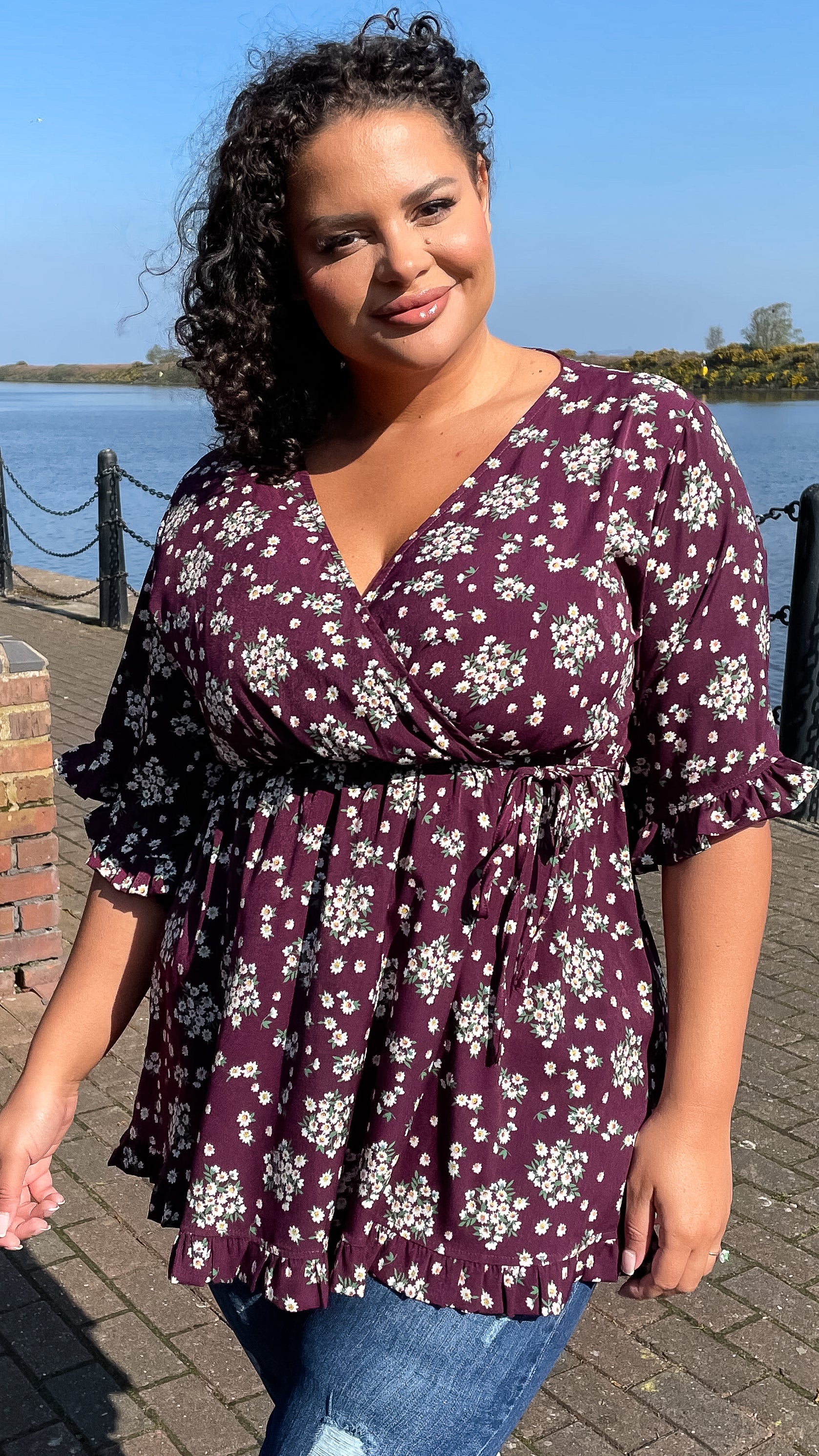 CurveWow Wrap Frill Sleeve Tunic Purple Floral