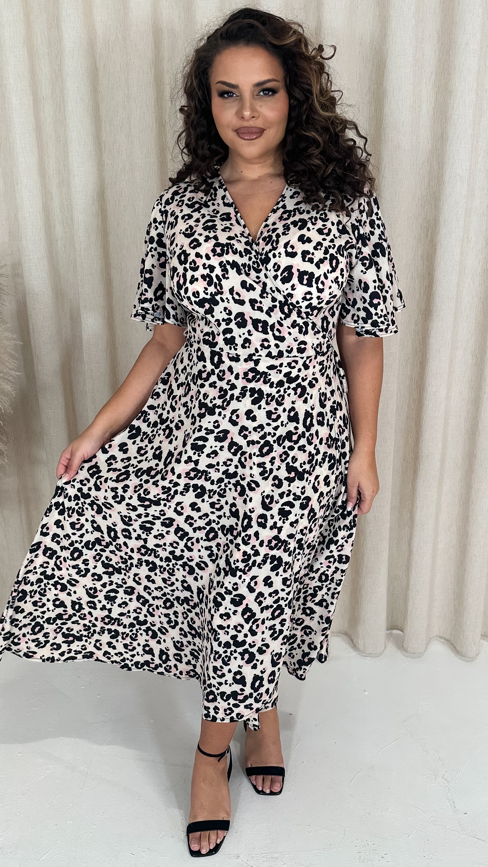 CurveWow Petite Wrap Angel Sleeve Dress Leopard