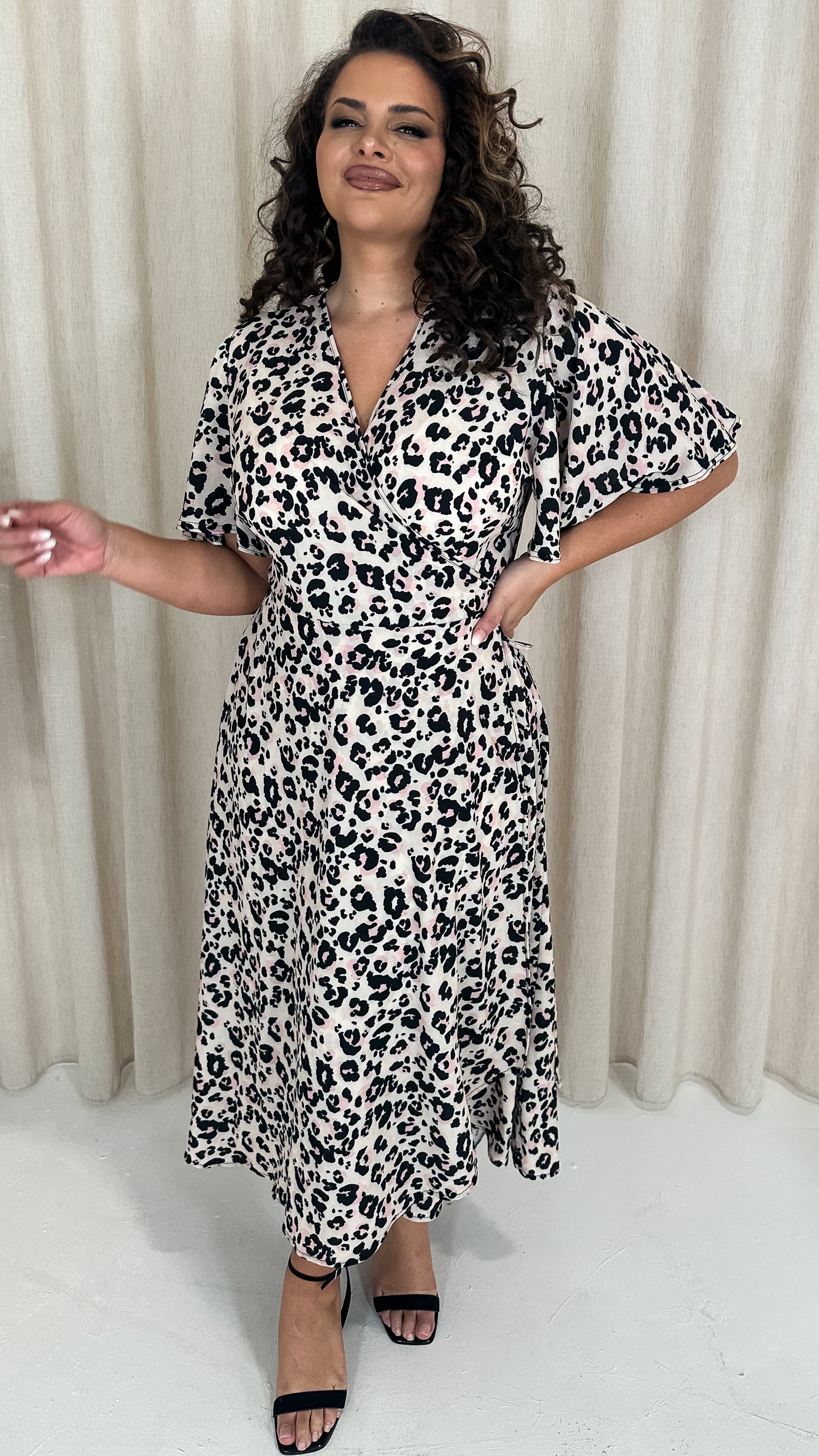 CurveWow Petite Wrap Angel Sleeve Dress Leopard