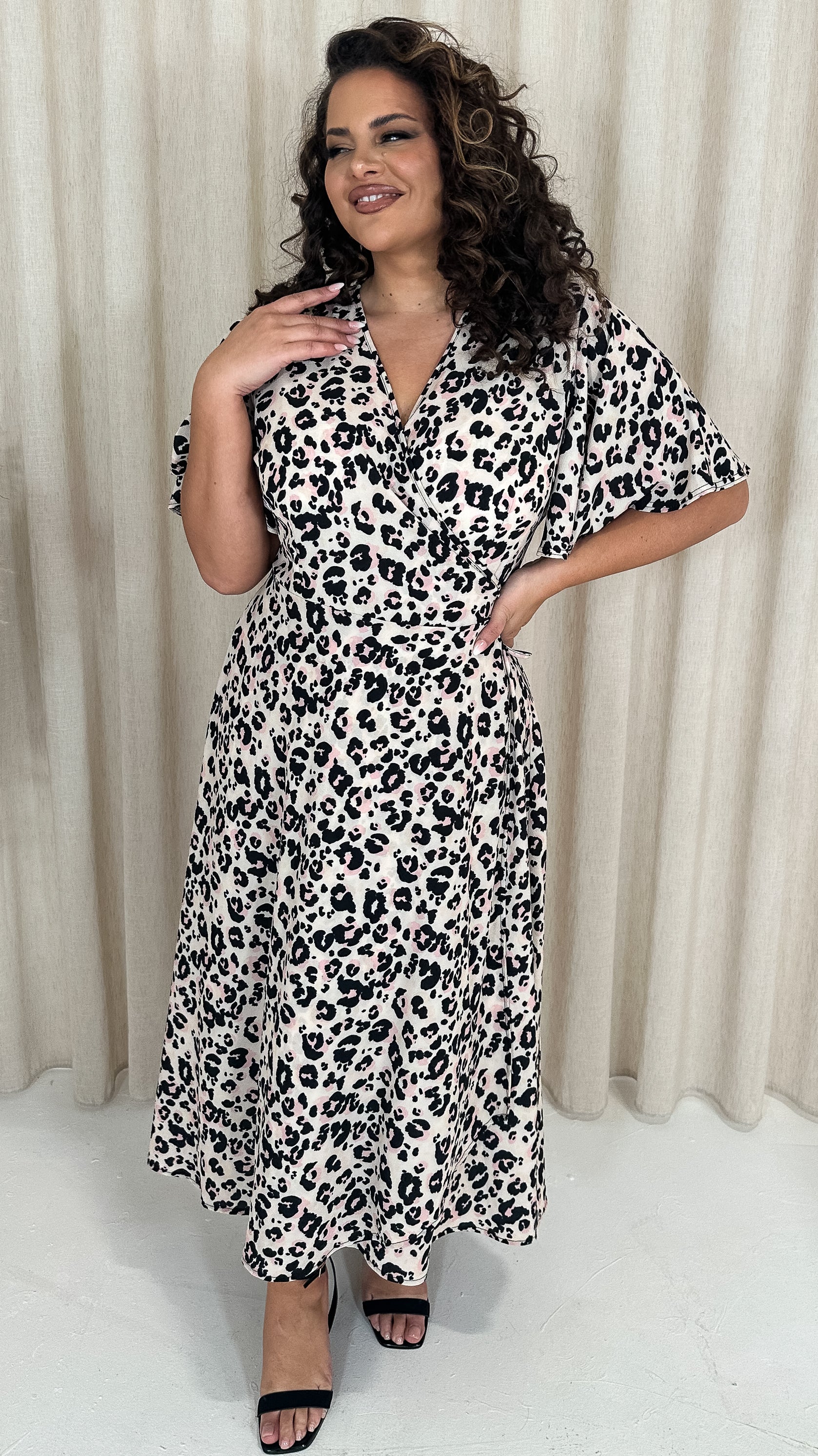 CurveWow Petite Wrap Angel Sleeve Dress Leopard