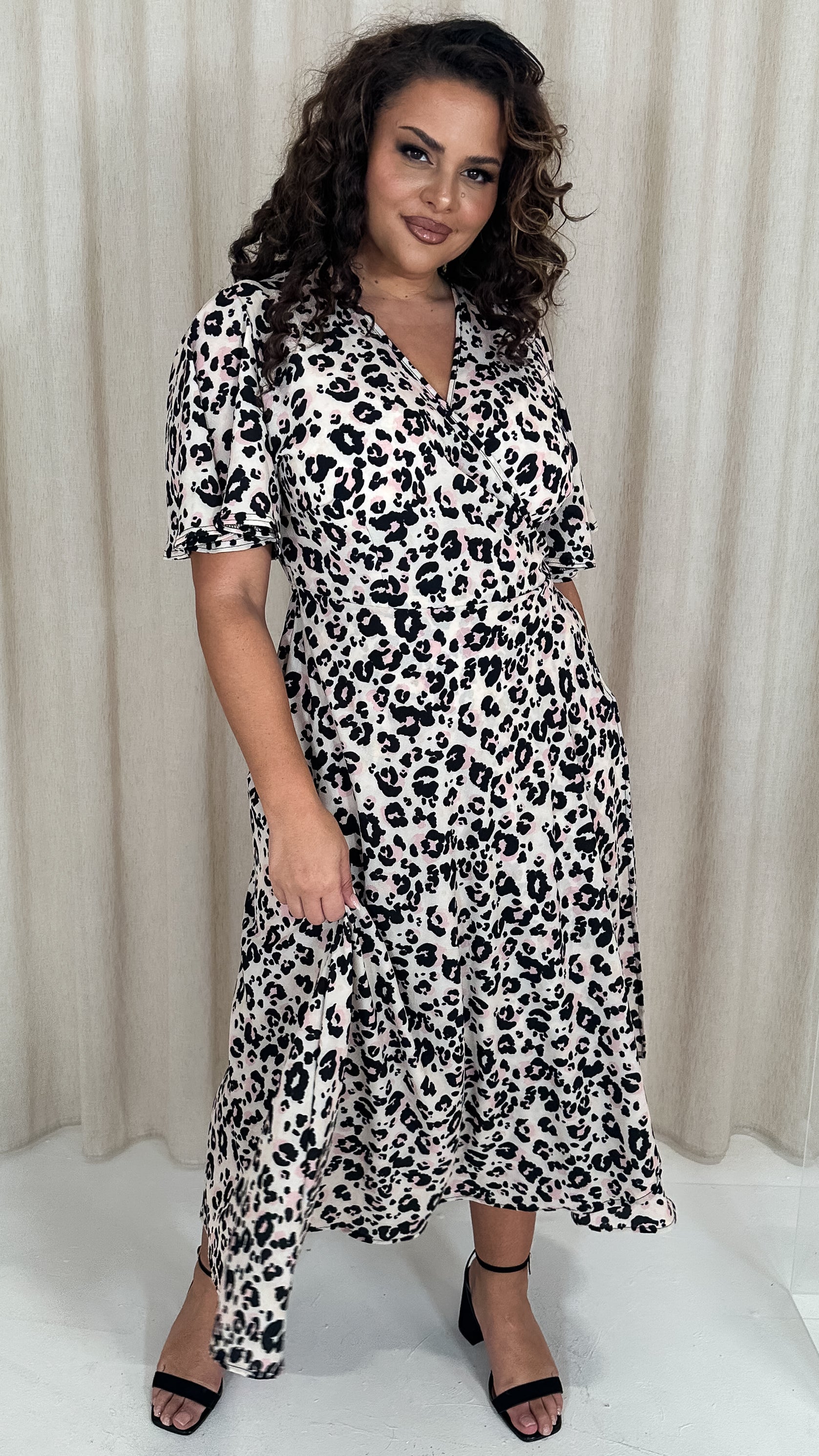 CurveWow Petite Wrap Angel Sleeve Dress Leopard