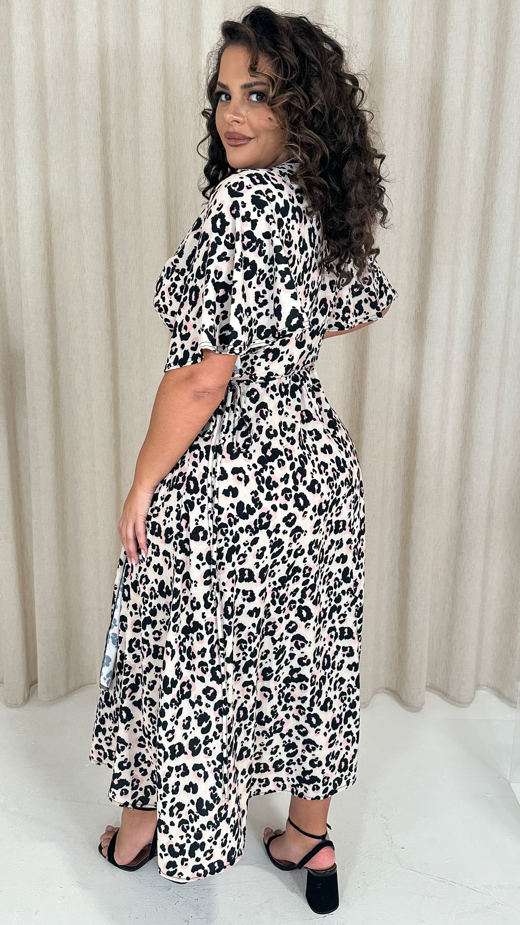 CurveWow Petite Wrap Angel Sleeve Dress Leopard
