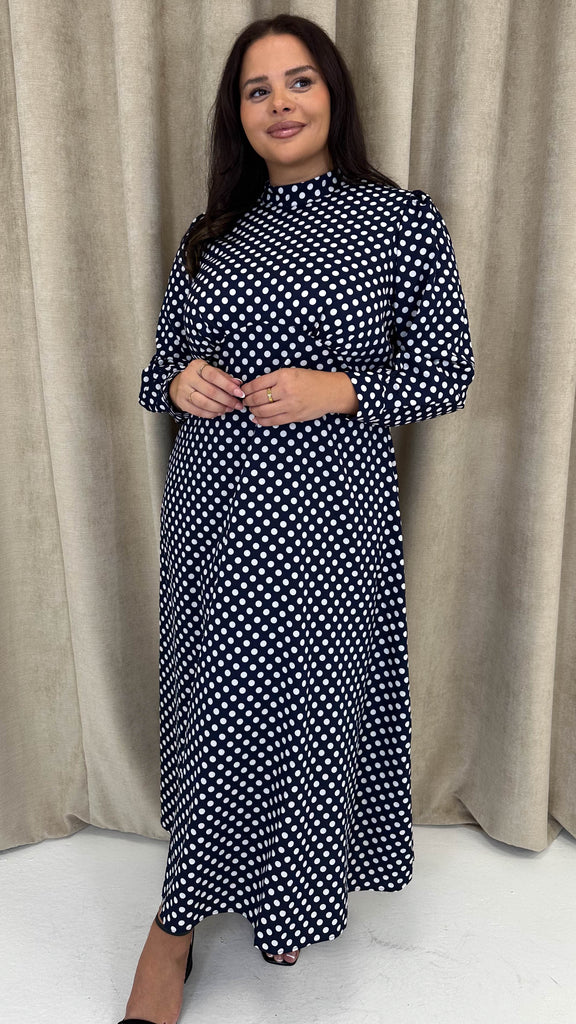 CurveWow High Neck Polka Maxi Dress Navy – Curvewow