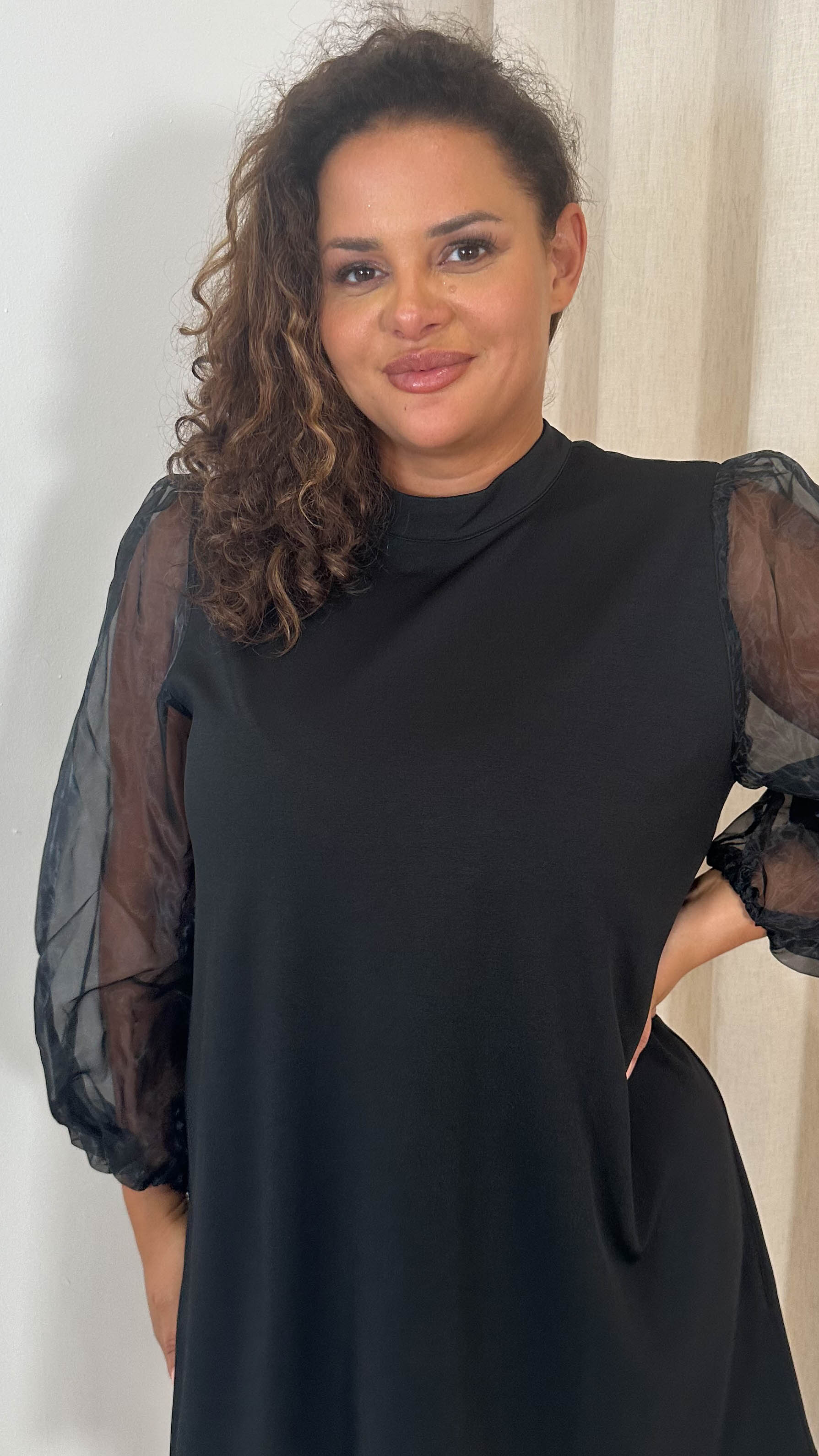 CurveWow Organza Sleeve Shift Dress Black