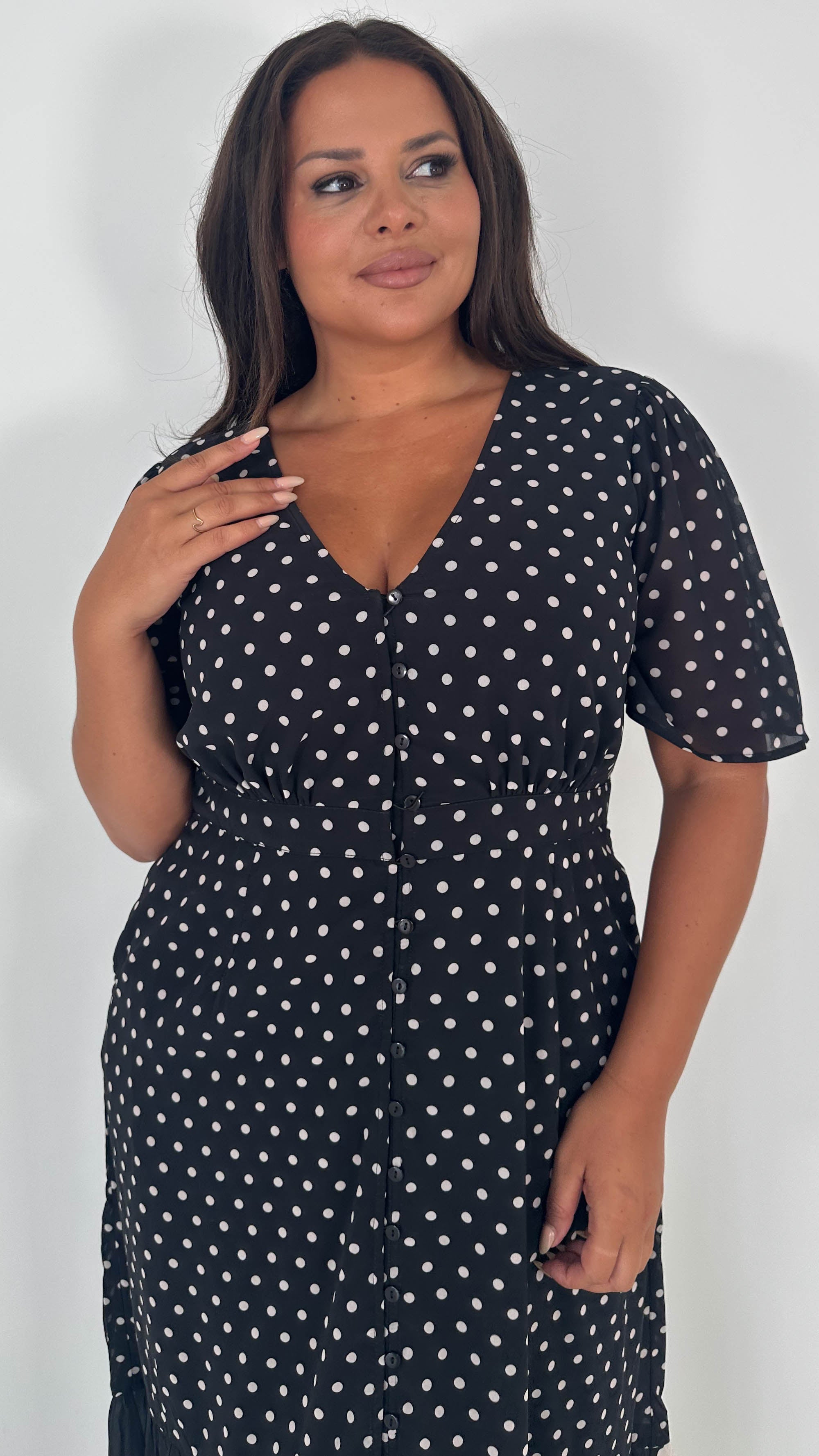 CurveWow Double Spot Frill Hem Maxi Dress Black