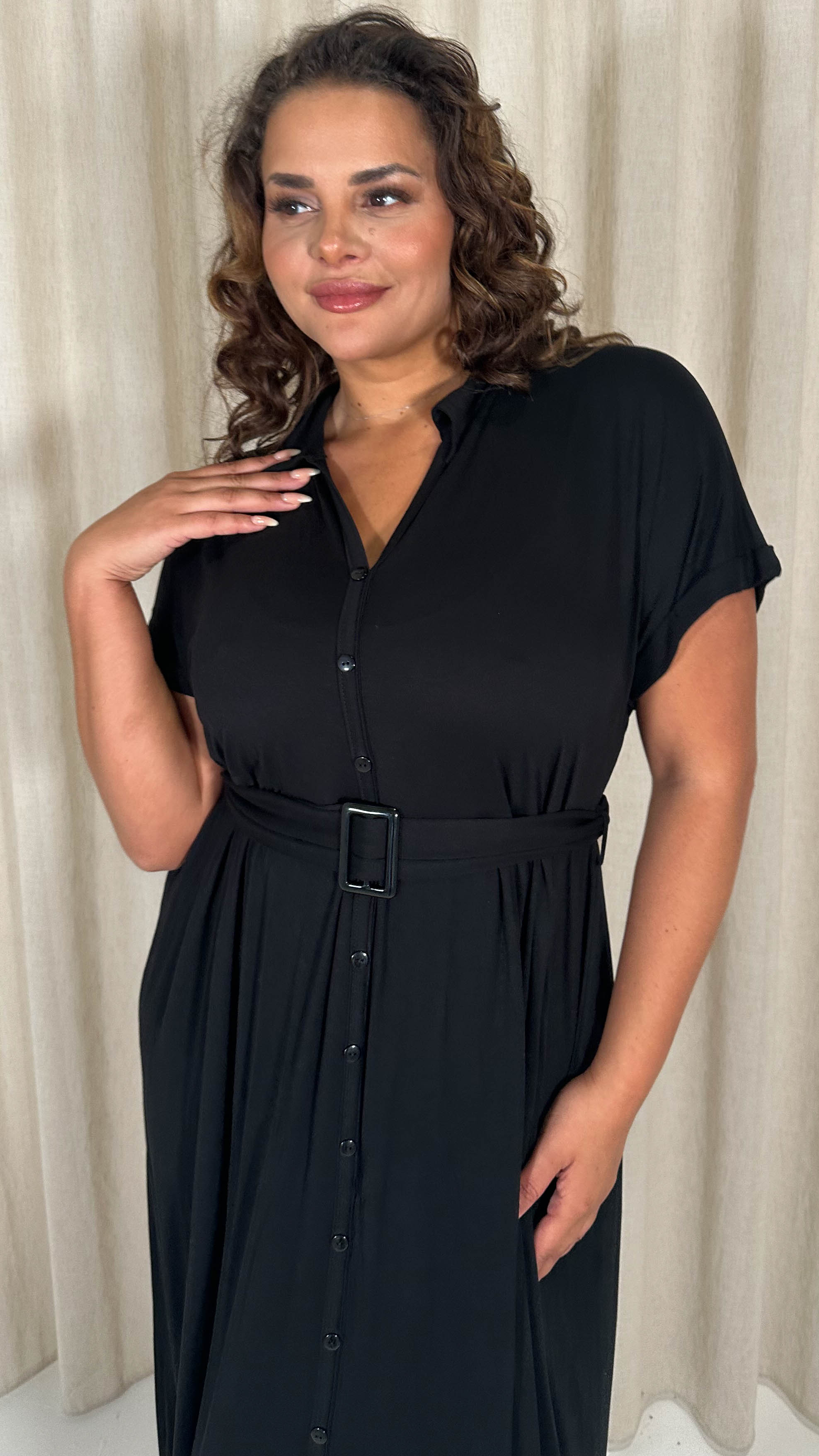 CurveWow Drop Shoulder Mock Placket Collar Midi Dress Black