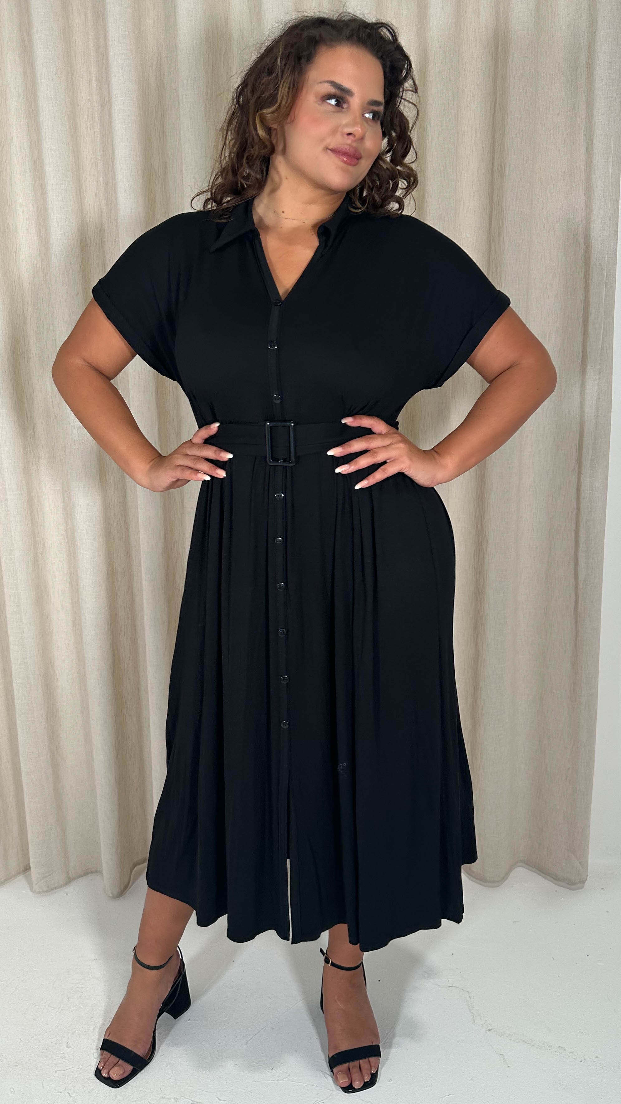 CurveWow Drop Shoulder Mock Placket Collar Midi Dress Black