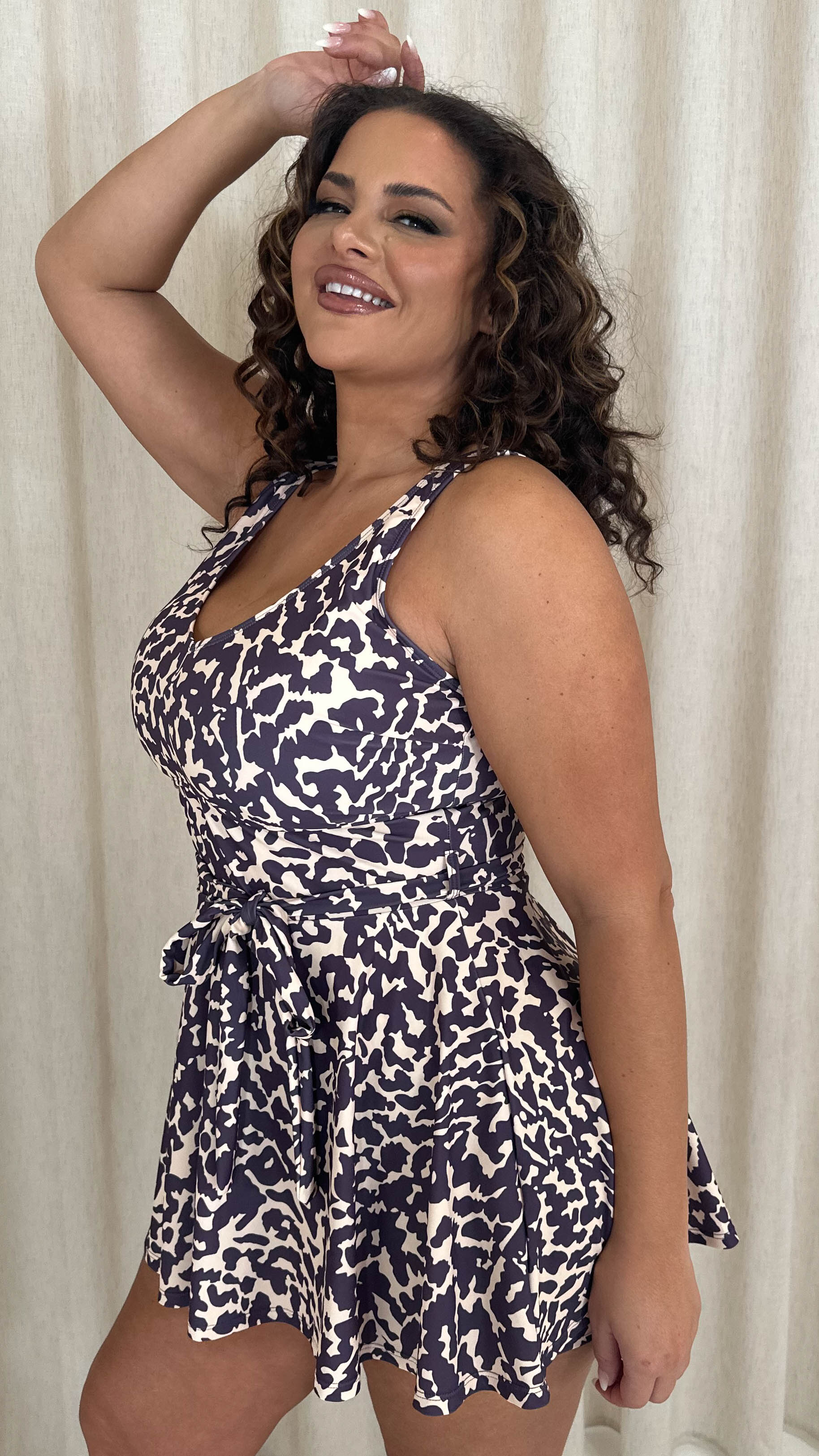 CurveWow Printed Tie Waist Swimdress Leopard