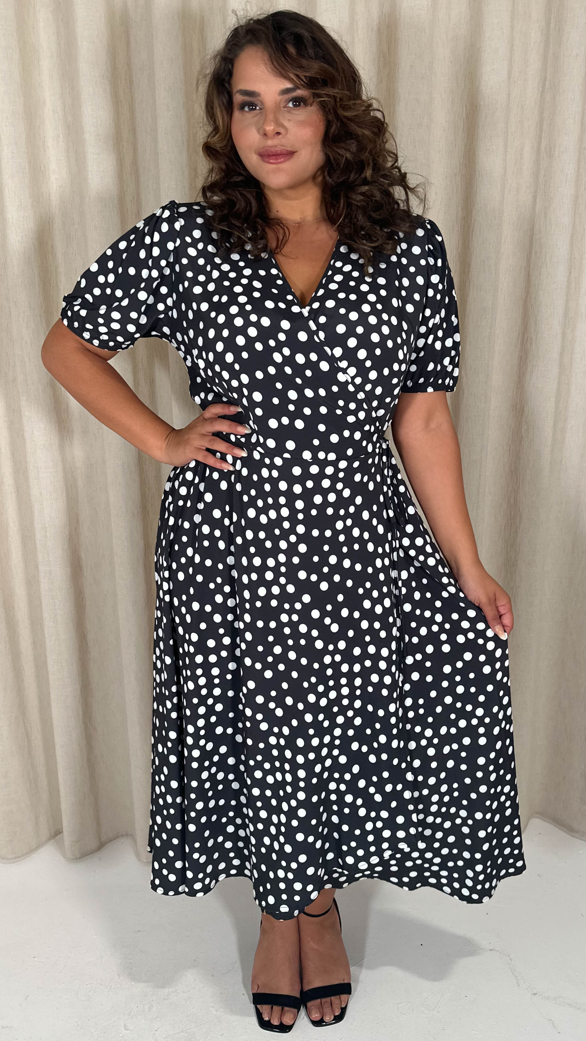 CurveWow Puff Sleeve Wrap Dress Black Polka
