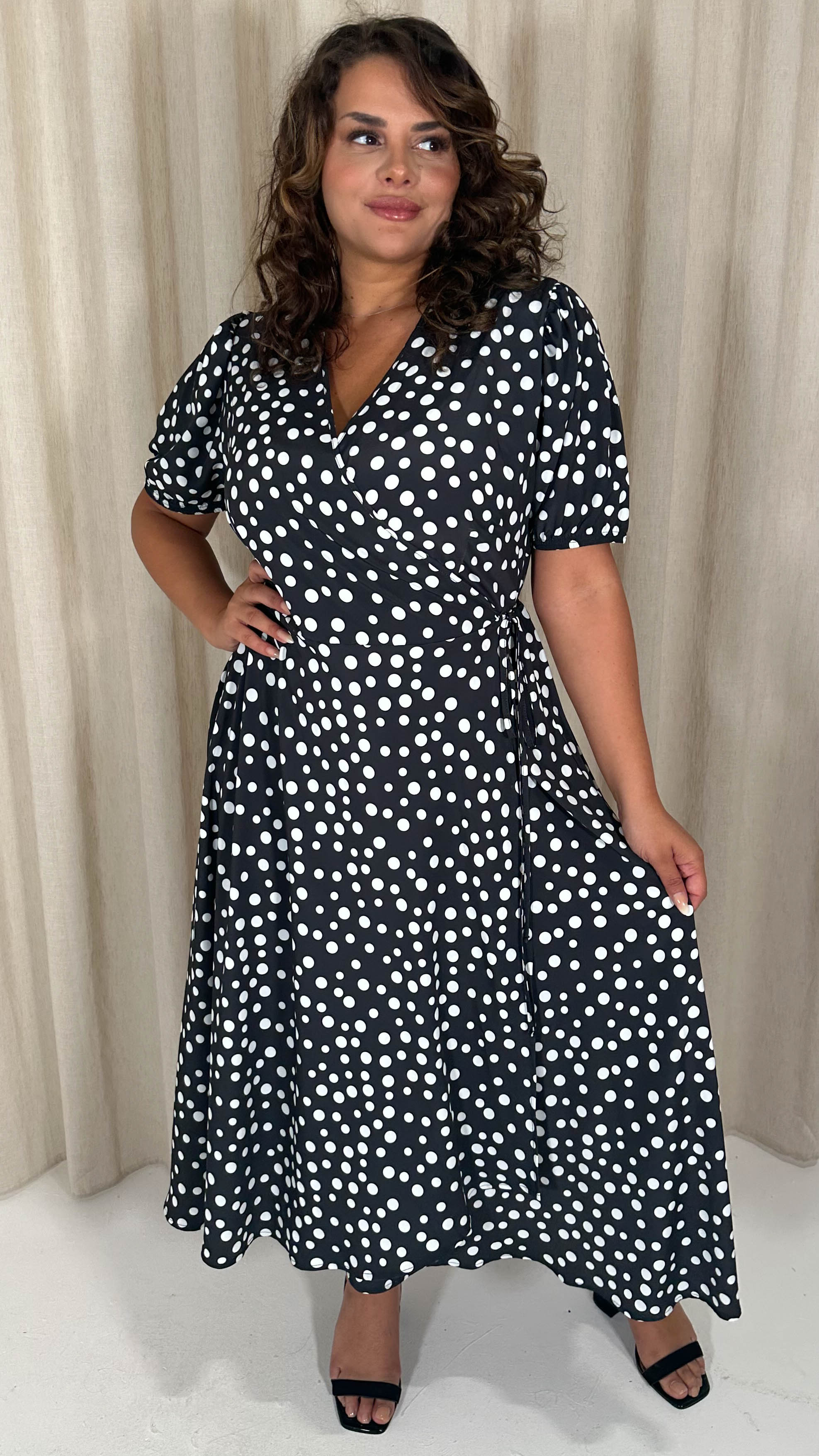 CurveWow Puff Sleeve Wrap Dress Black Polka