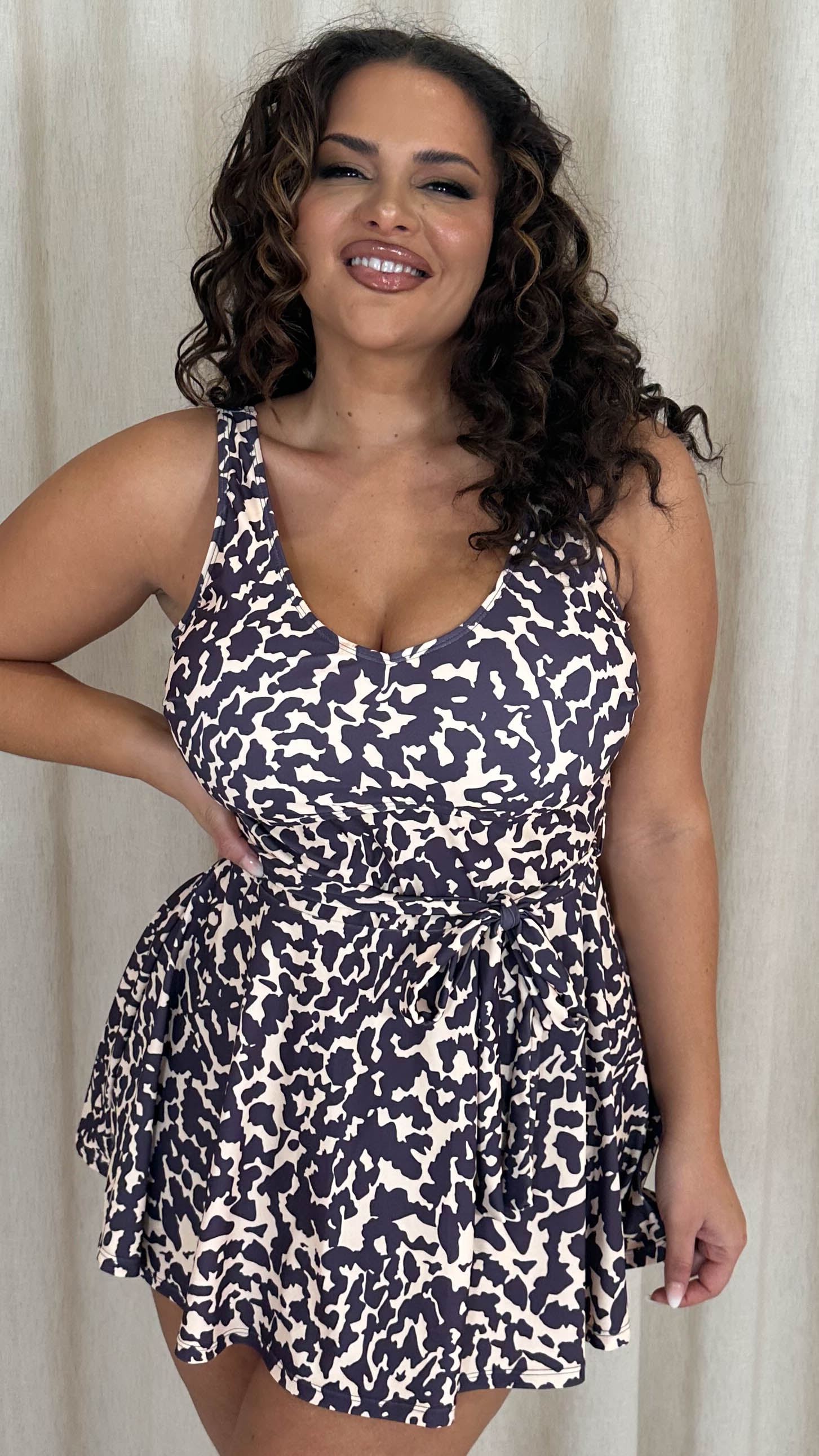 CurveWow Printed Tie Waist Swimdress Leopard