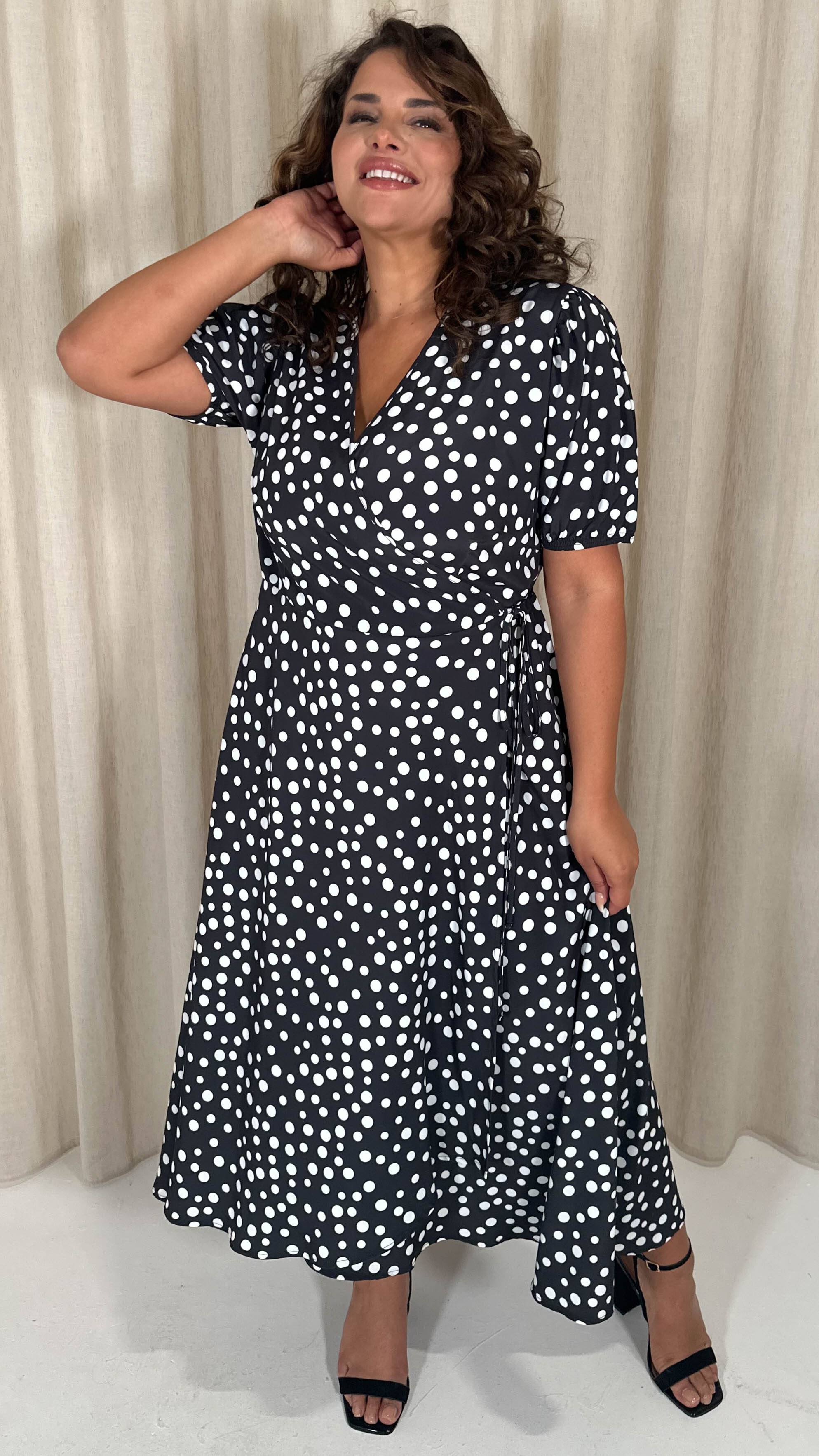CurveWow Puff Sleeve Wrap Dress Black Polka