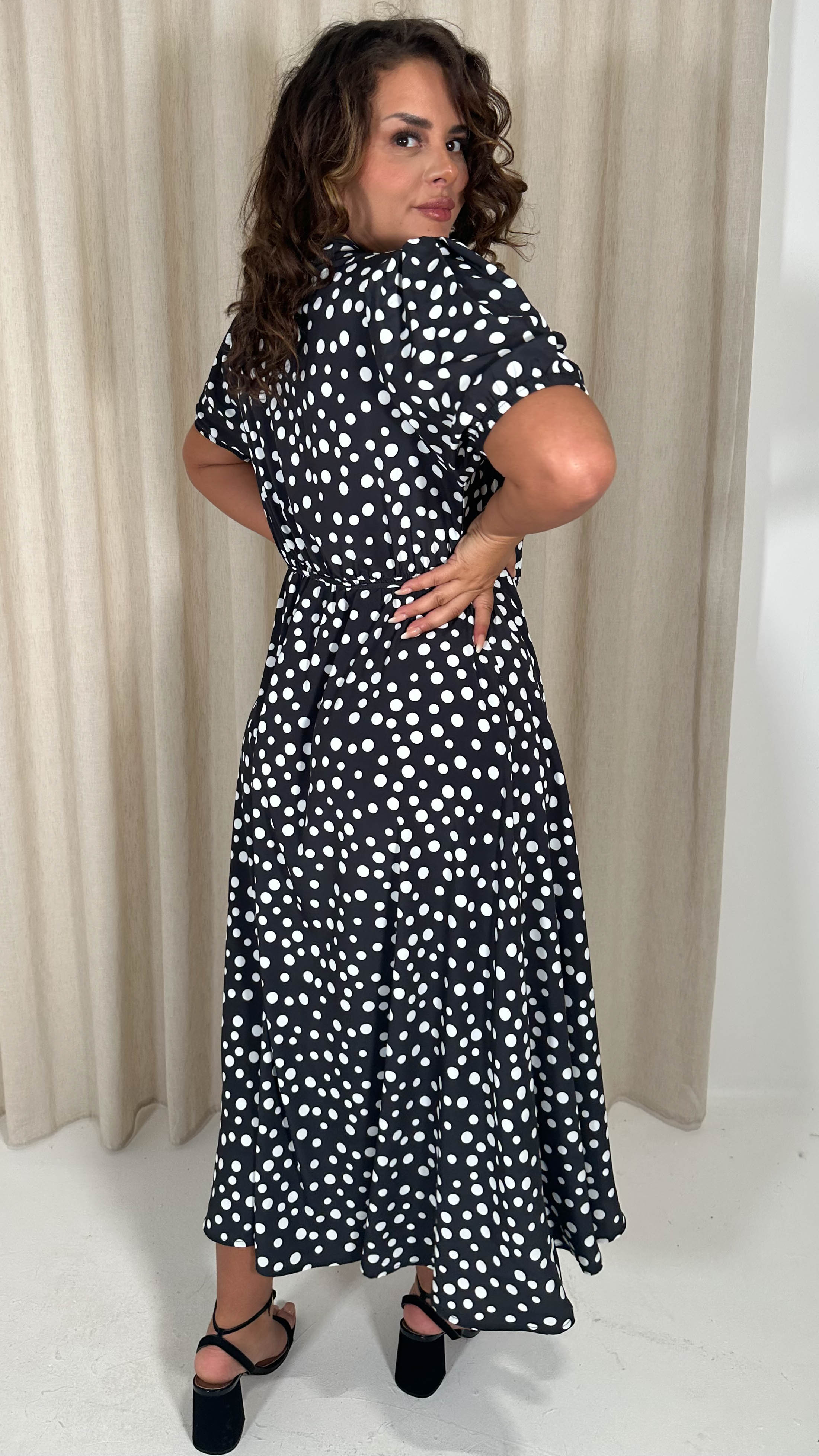 CurveWow Puff Sleeve Wrap Dress Black Polka