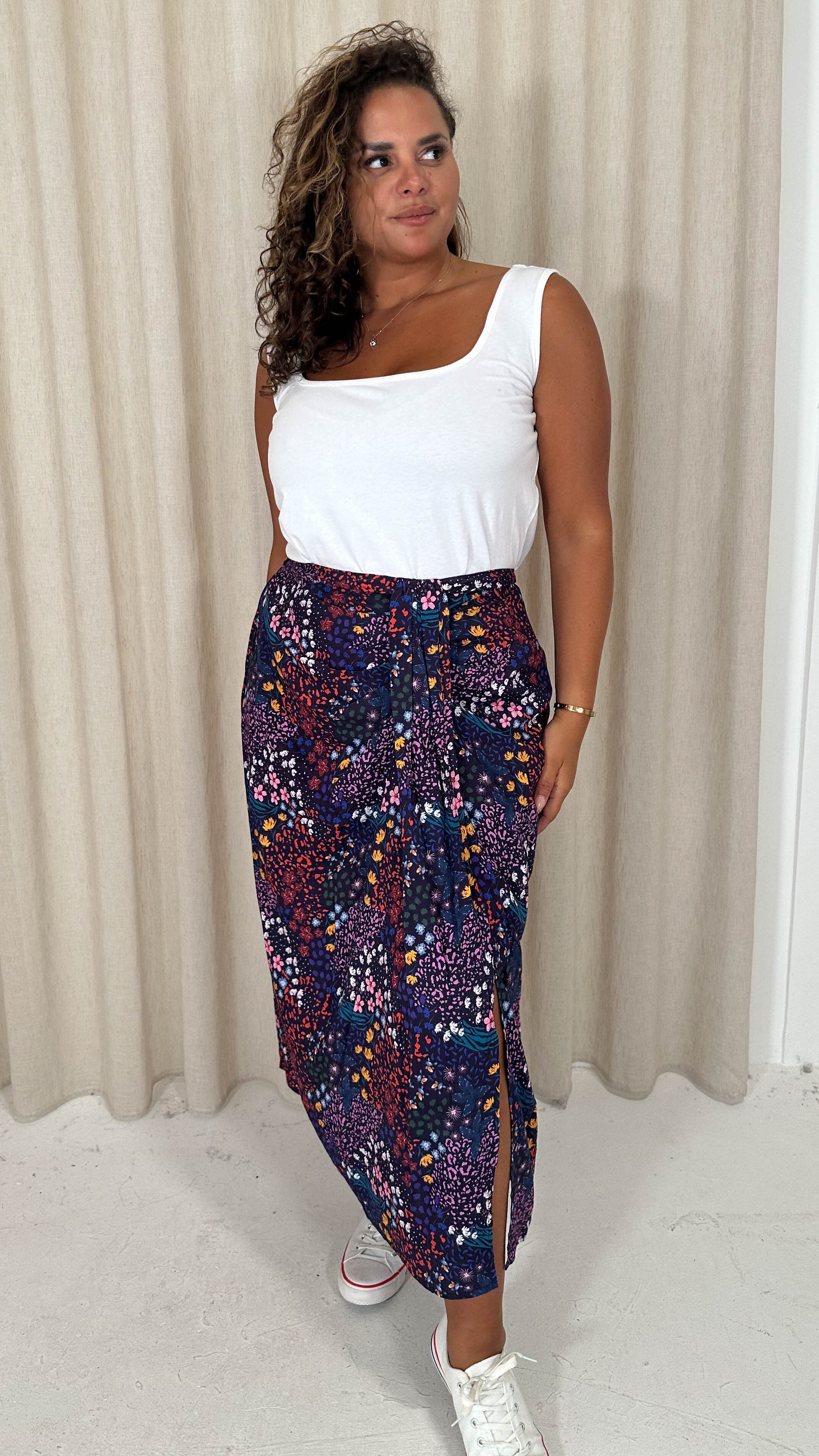 CurveWow Printed Drape Front Midi Skirt Mixed Patchwork Floral