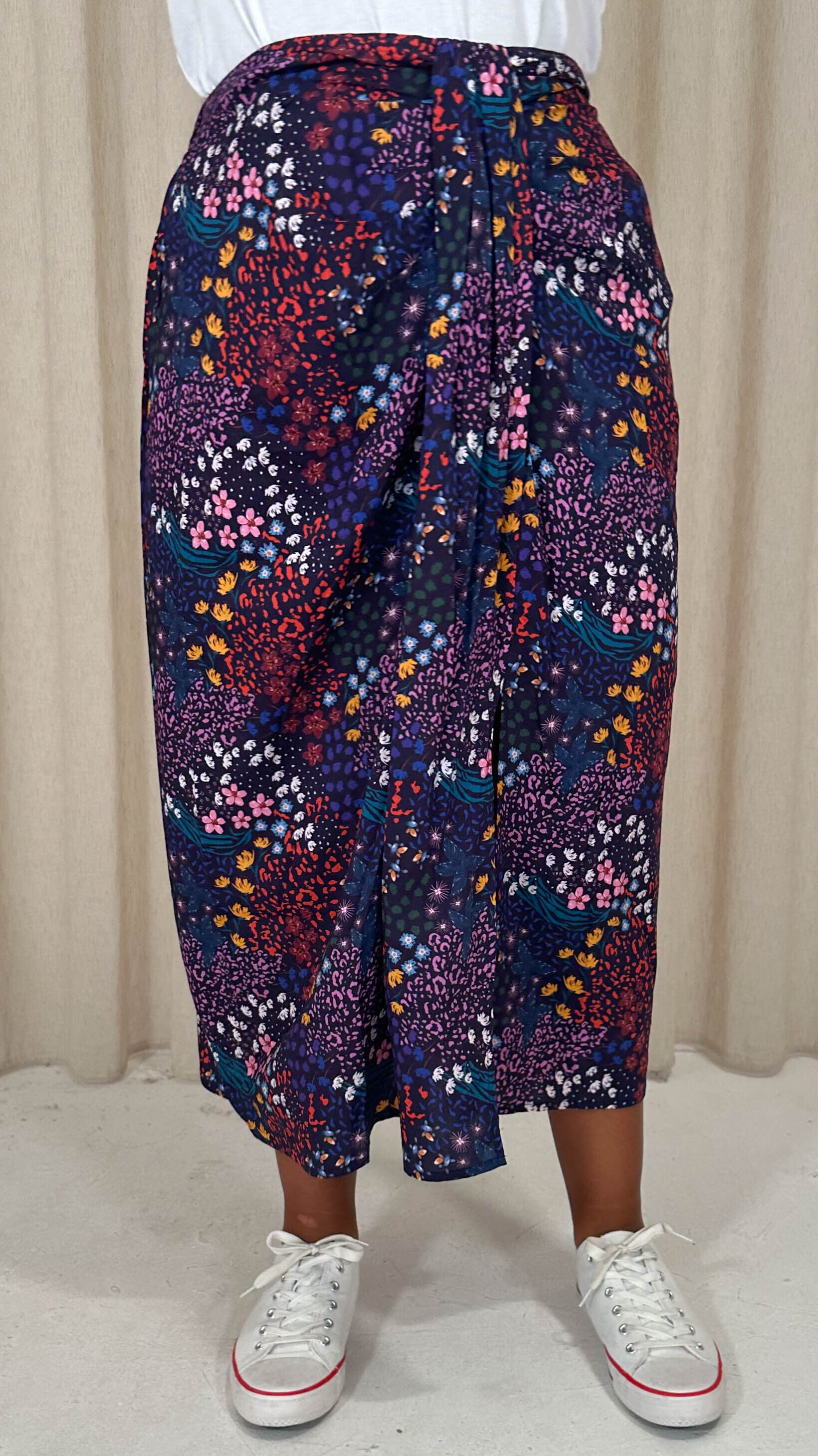 CurveWow Printed Drape Front Midi Skirt Mixed Patchwork Floral