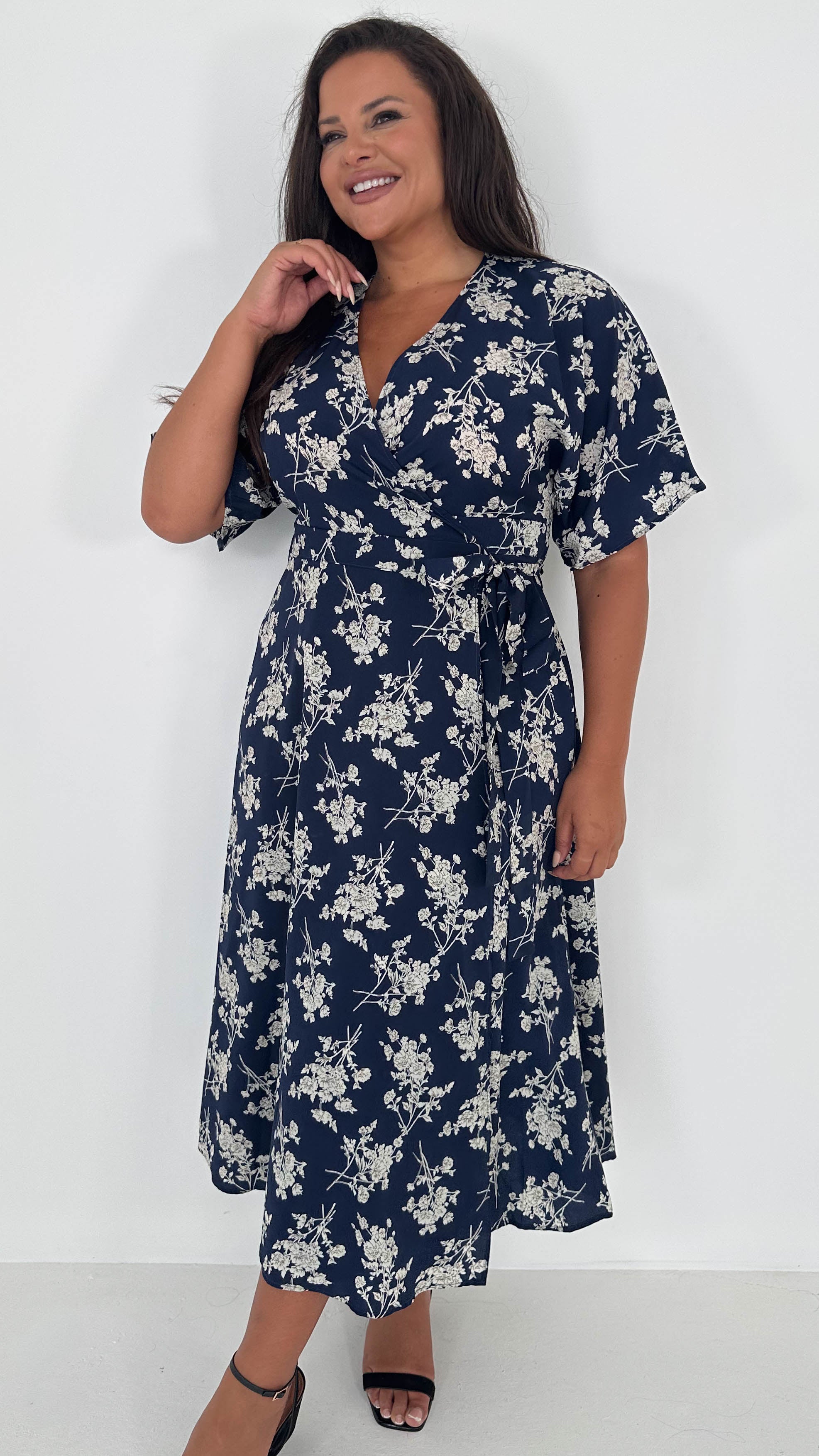 CurveWow Kimono Wrap Midaxi Dress Navy Floral