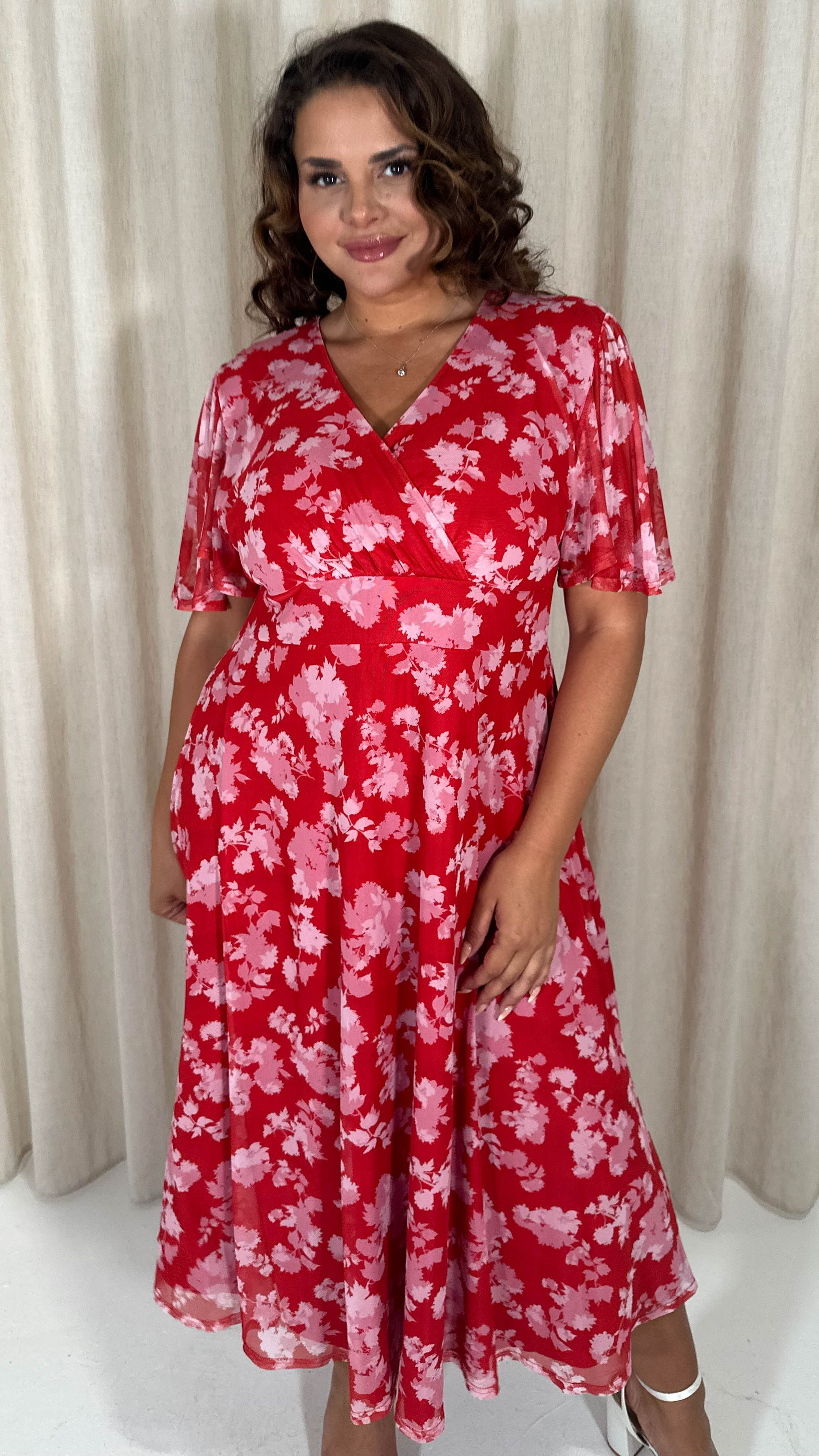 CurveWow Mesh Angel Sleeve Dress Red/Pink