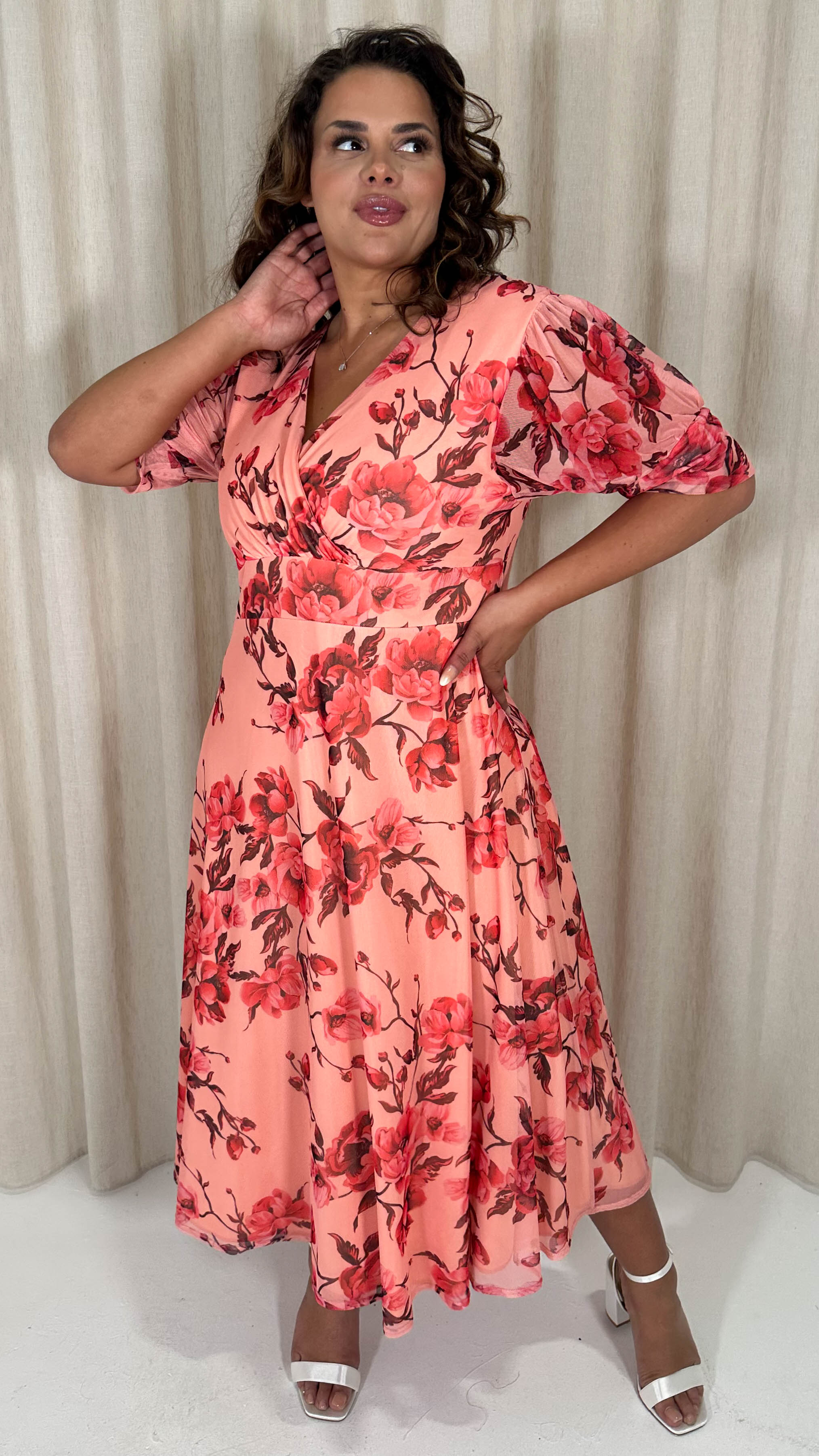 CurveWow Wrap Cuffed Puff Sleeve Midaxi Dress Peach Floral