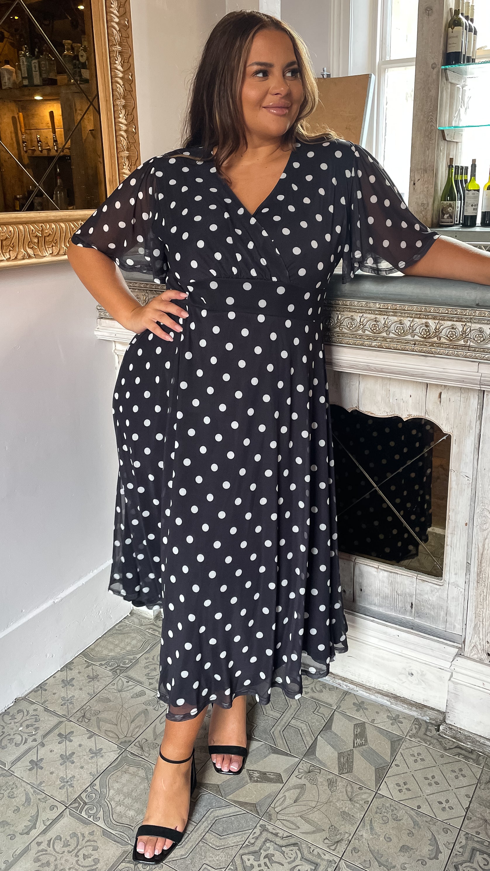 CurveWow Mesh Angel Sleeve Dress Black Polka Dot