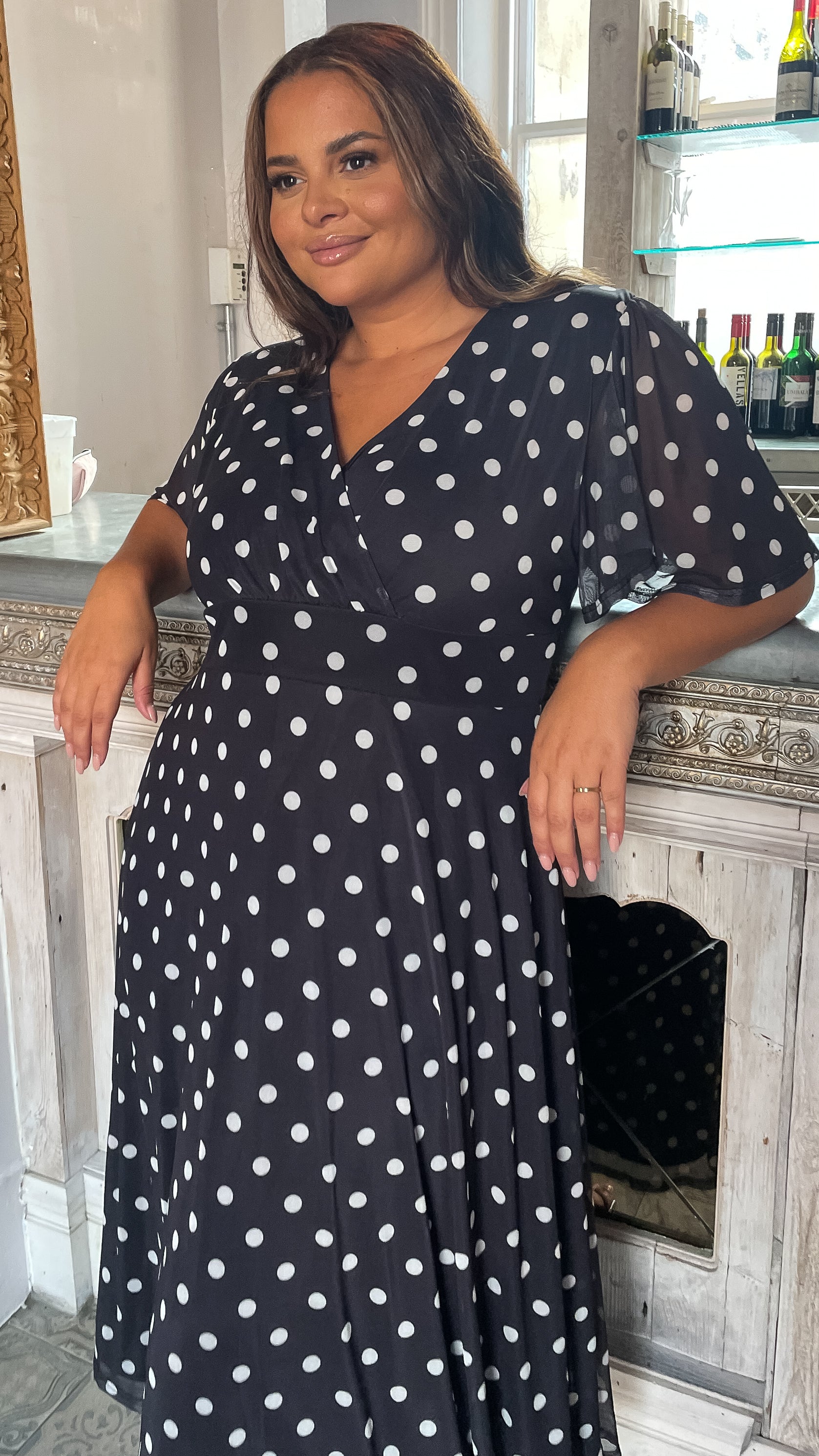 CurveWow Petite Mesh Angel Sleeve Dress Black Polka Dots