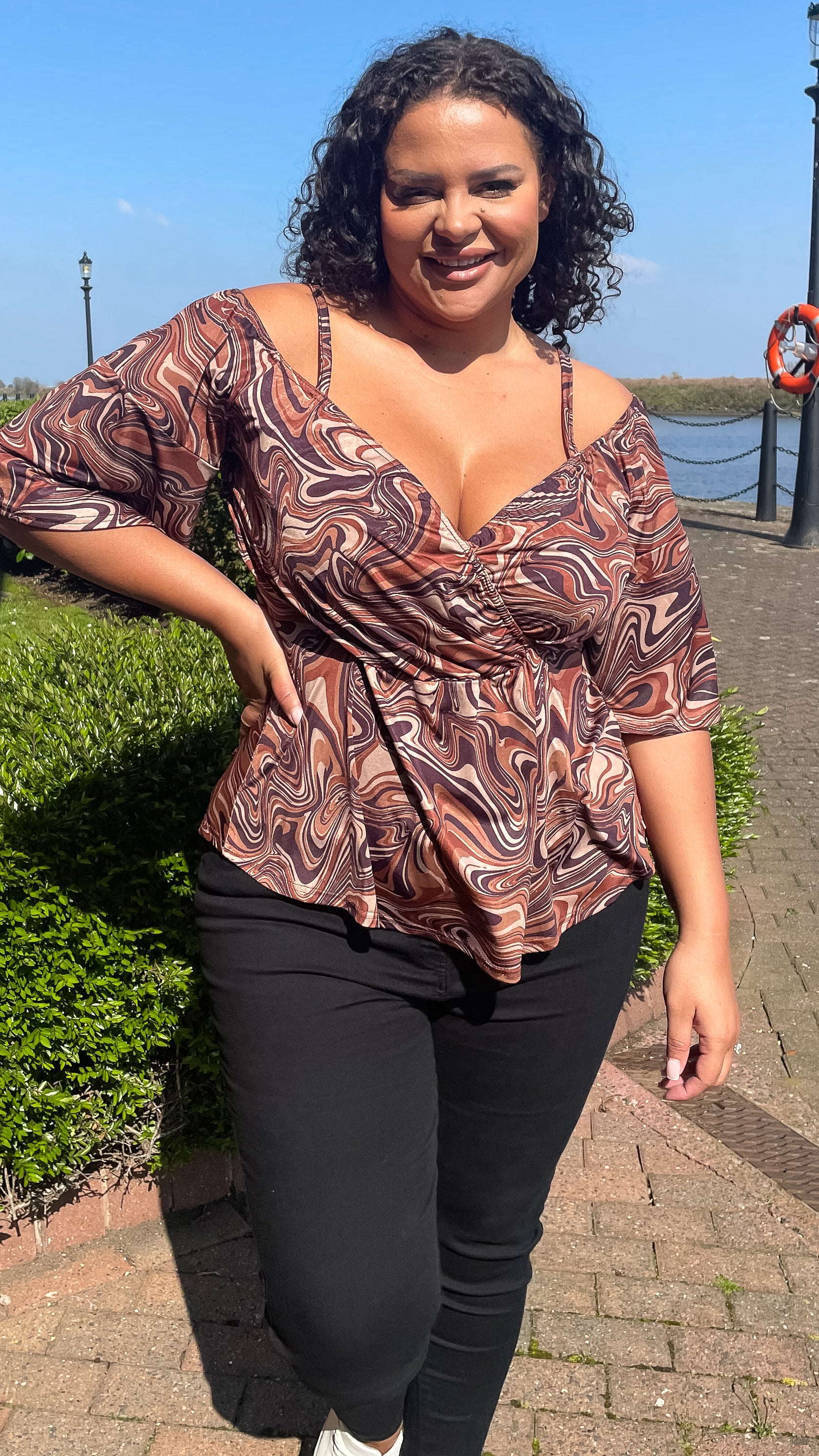 CurveWow Cold Shoulder Tunic Chocolate Marble