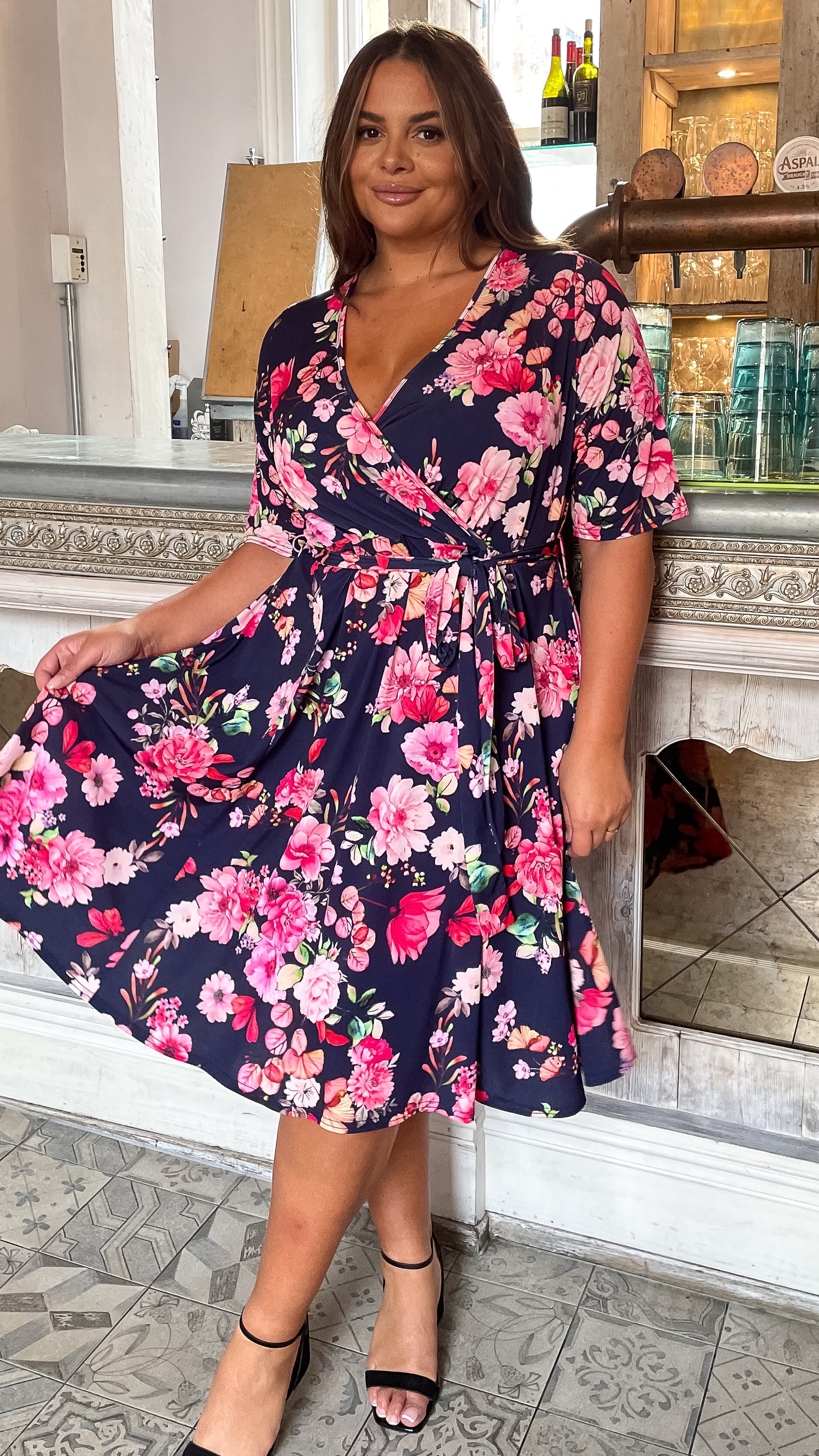 CurveWow Belted Wrap Dress Navy Floral