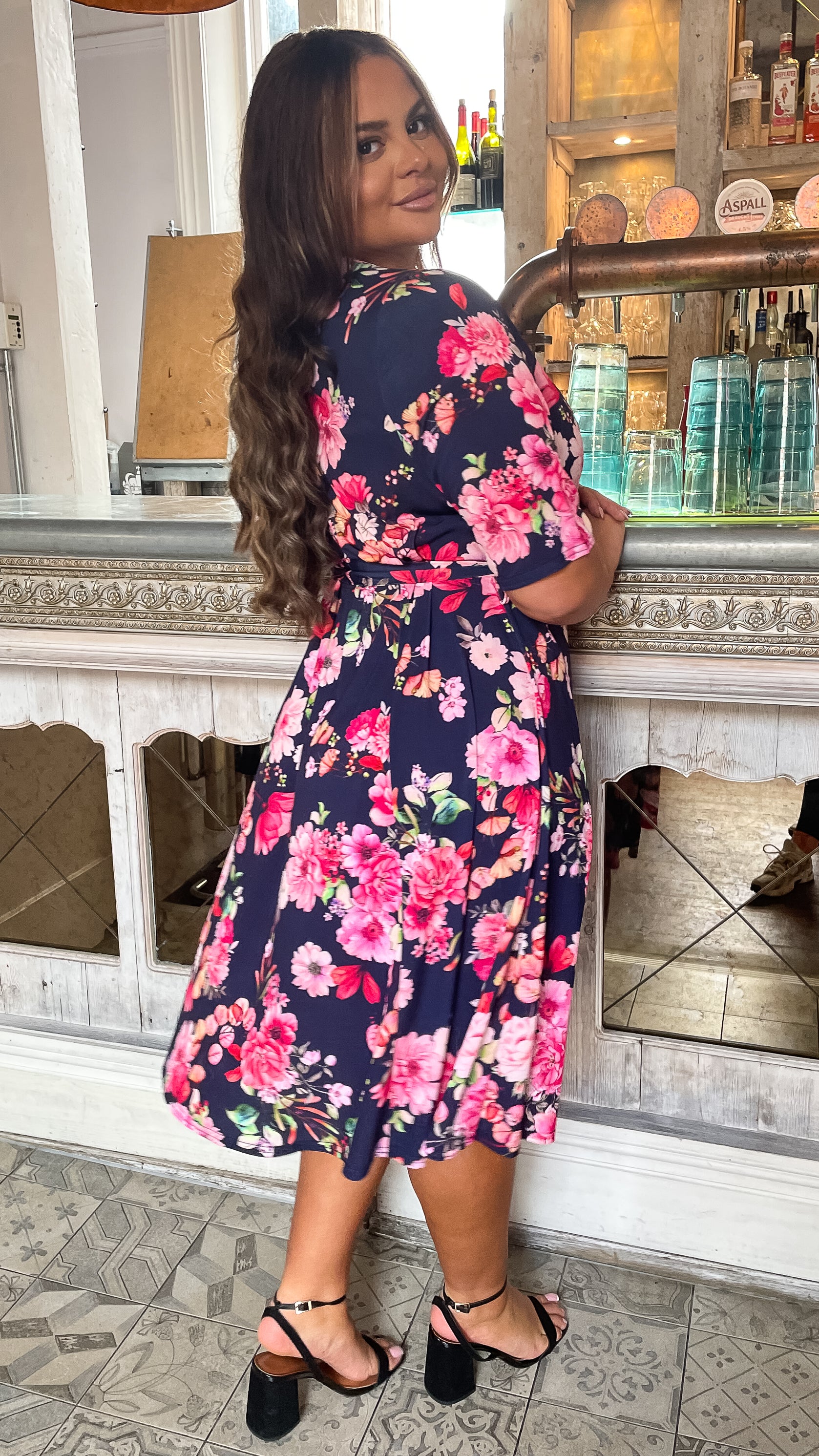 CurveWow Belted Wrap Dress Navy Floral