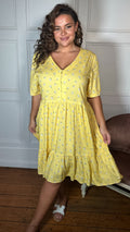 CurveWow Button Front Tea Dress Yellow Floral
