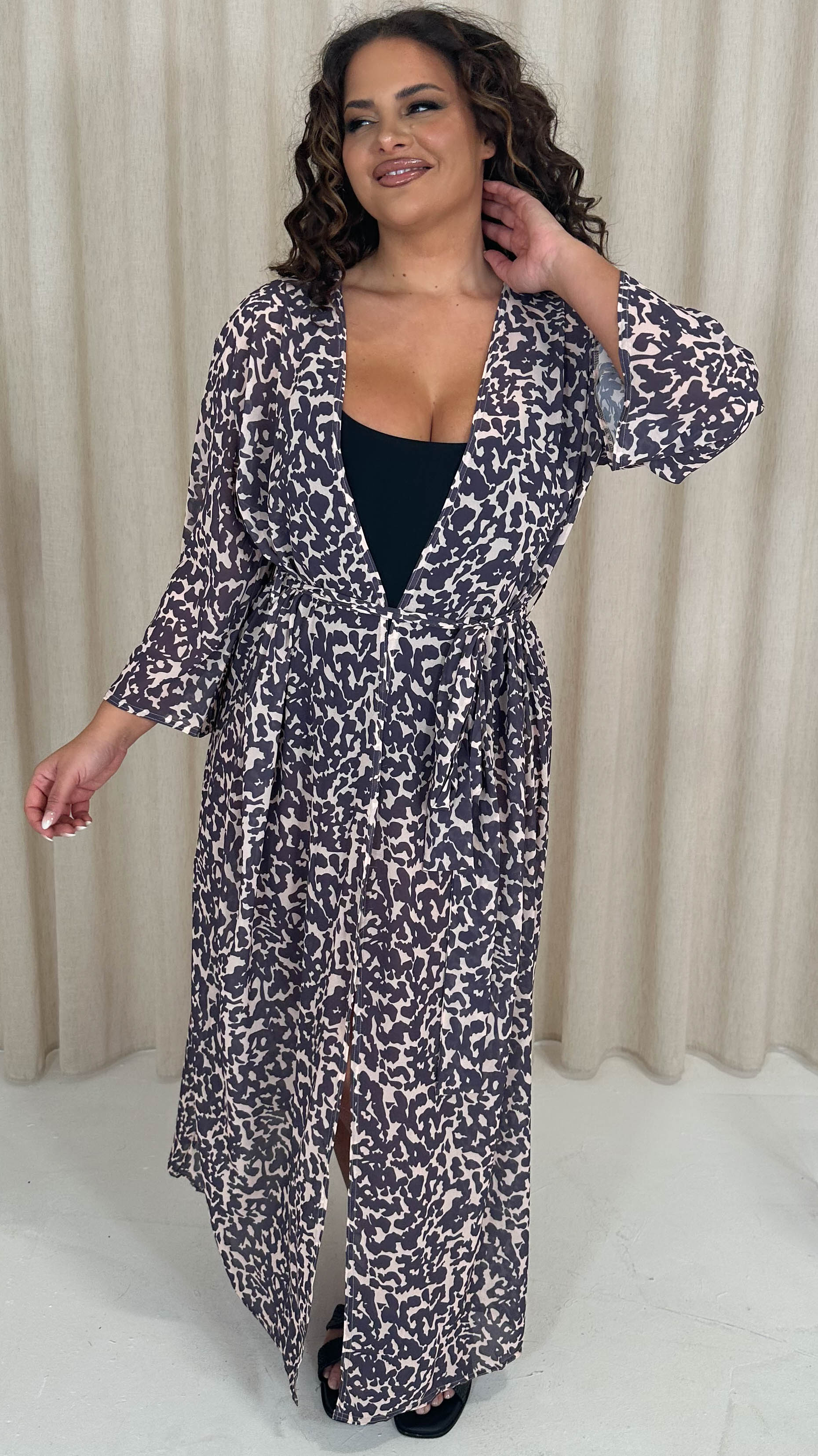CurveWow Kimono Tie Waist Cover Up Animal Print