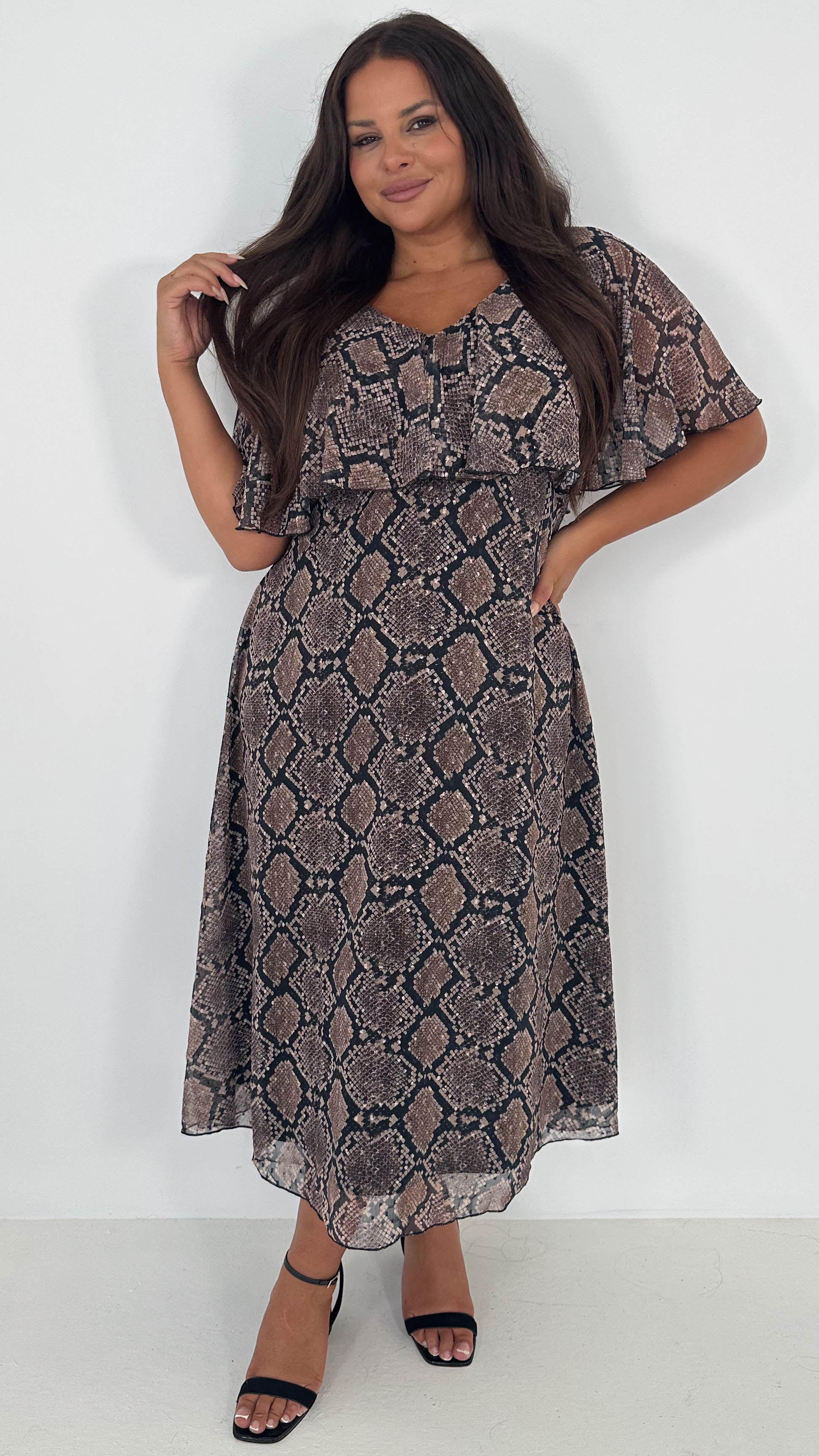 CurveWow Cape Frill Midaxi Dress Snake Print