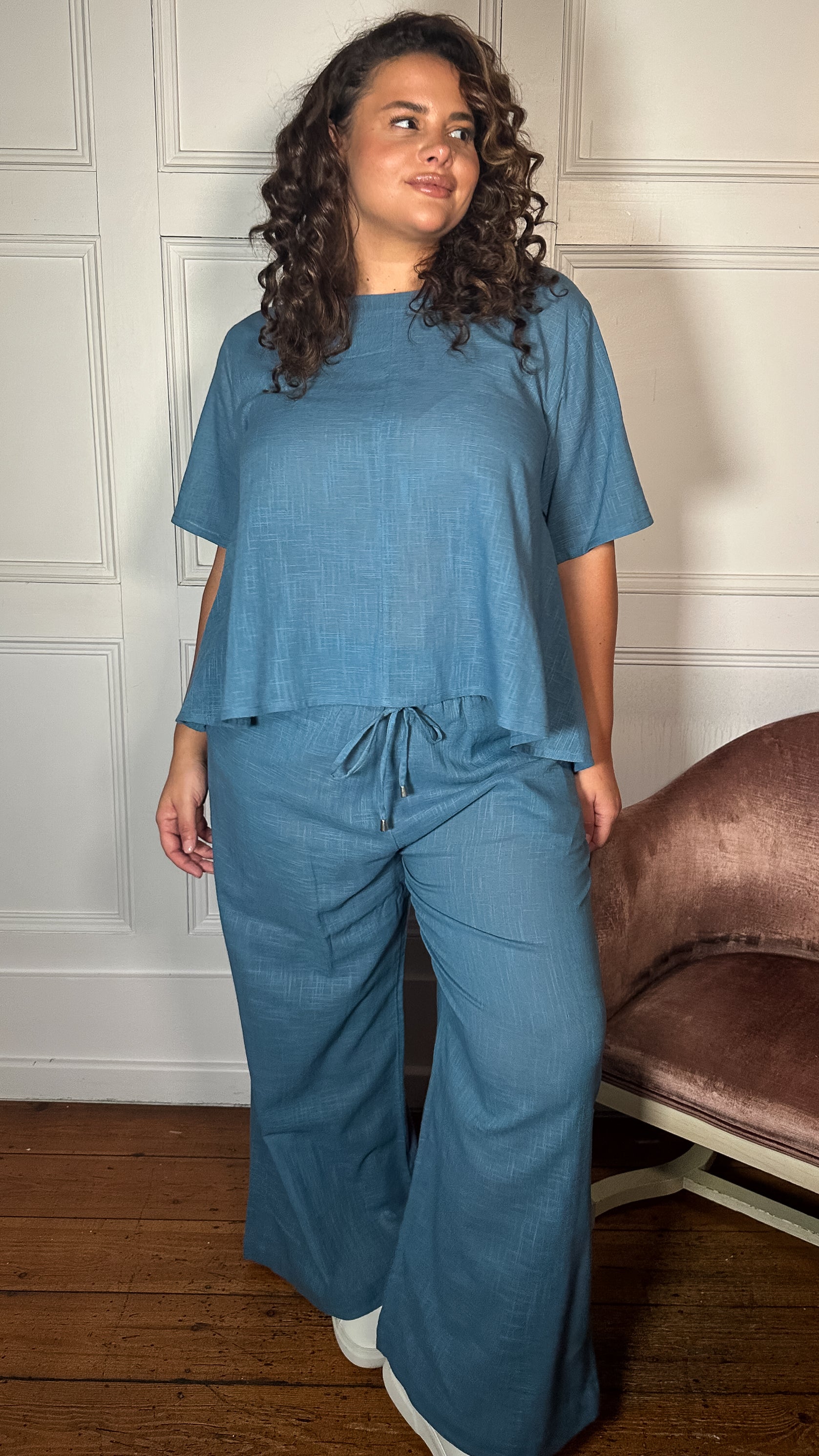 CurveWow Slub Wide Leg Trouser Blue