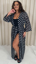 CurveWow Kimono Tie Waist Cover Up Black Polka Dot