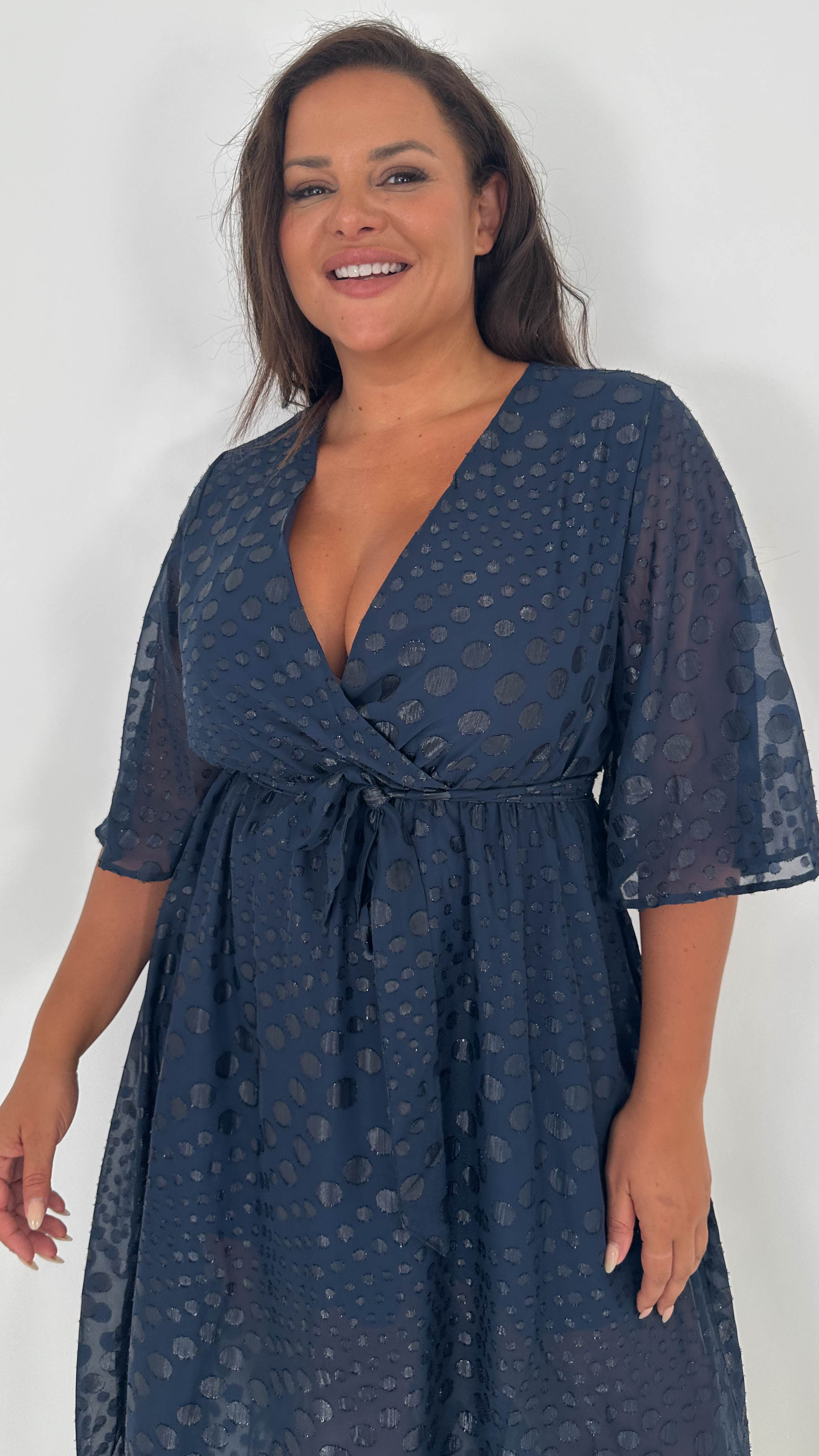 CurveWow Flared Sleeve Maxi Dress Navy Spot