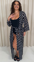 CurveWow Kimono Tie Waist Cover Up Black Polka Dot