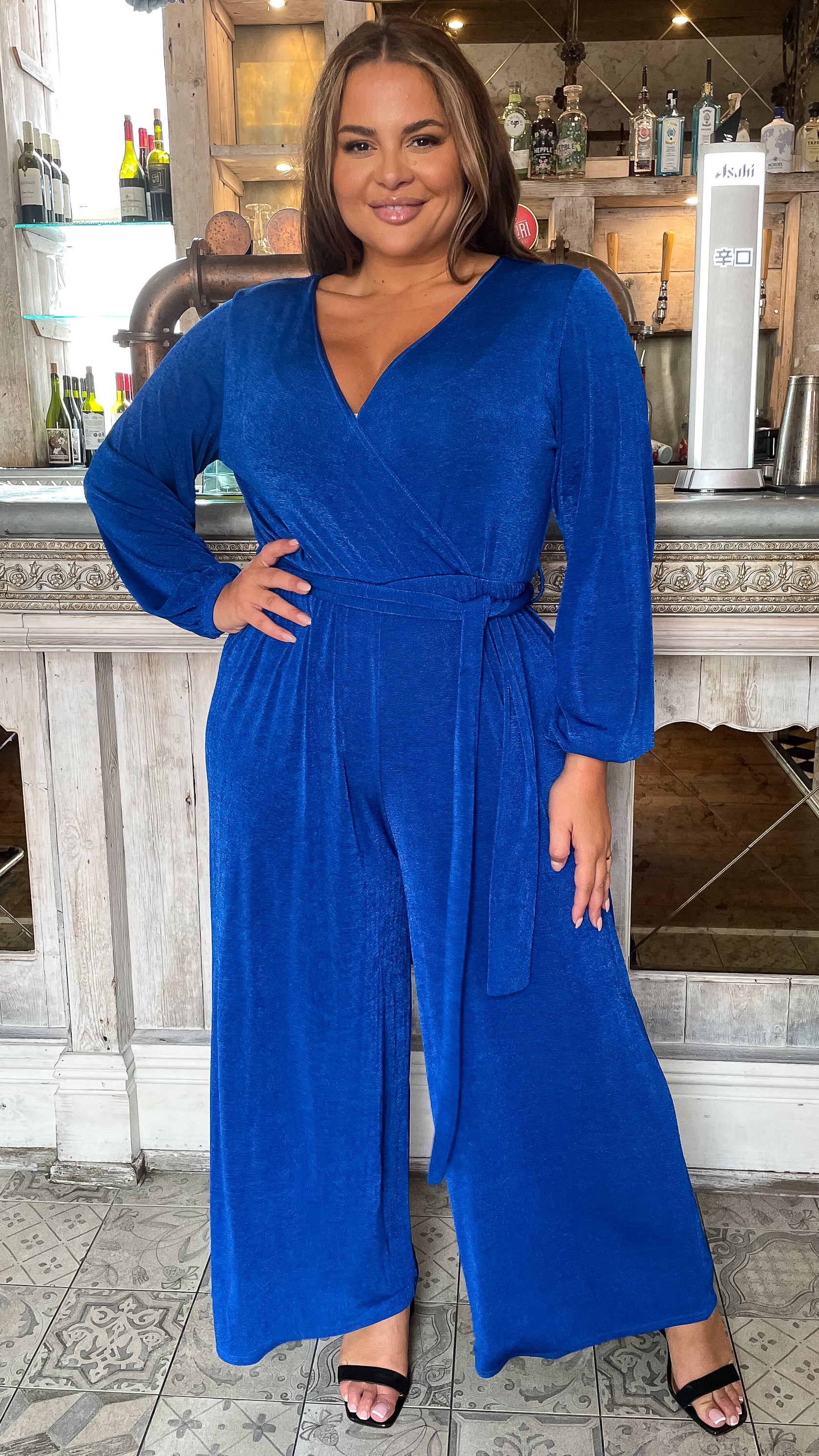 CurveWow V Neck Wrap Jumpsuit Blue